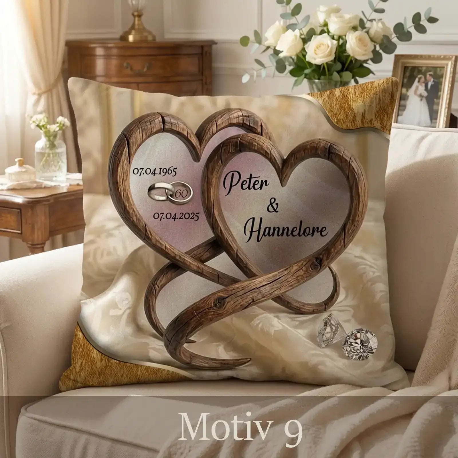 Geschenk zur diamantenen Hochzeit. Personalisiertes Kissen mit stilvollem Design und individueller Gestaltung mit Namen und Datum.