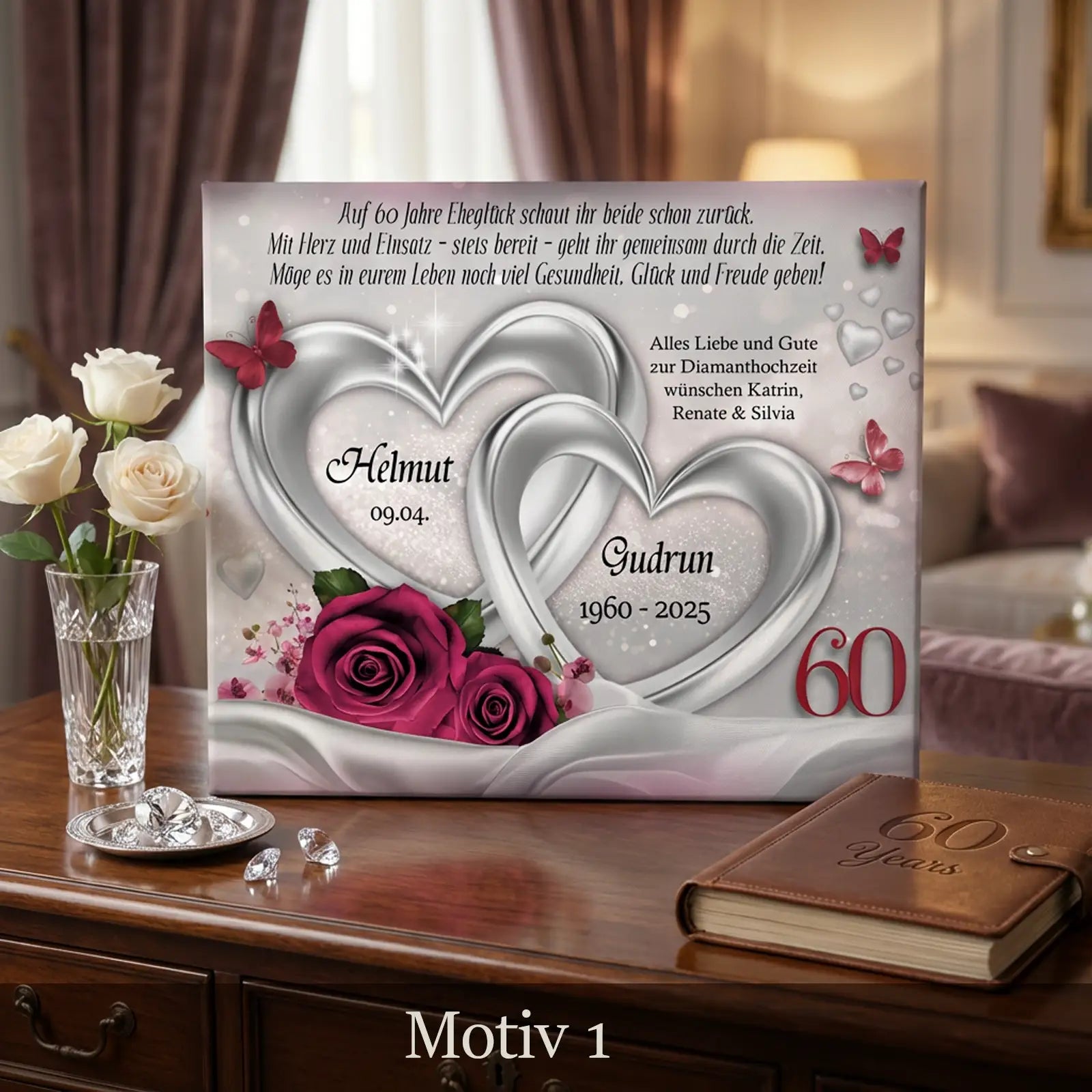 Personalisierte Leinwand als Geschenk zur Diamanthochzeit mit silbernen Herzen und Rosenmotiv, Namen Helmut und Gudrun. Exklusiv zum 60. Hochzeitstag.