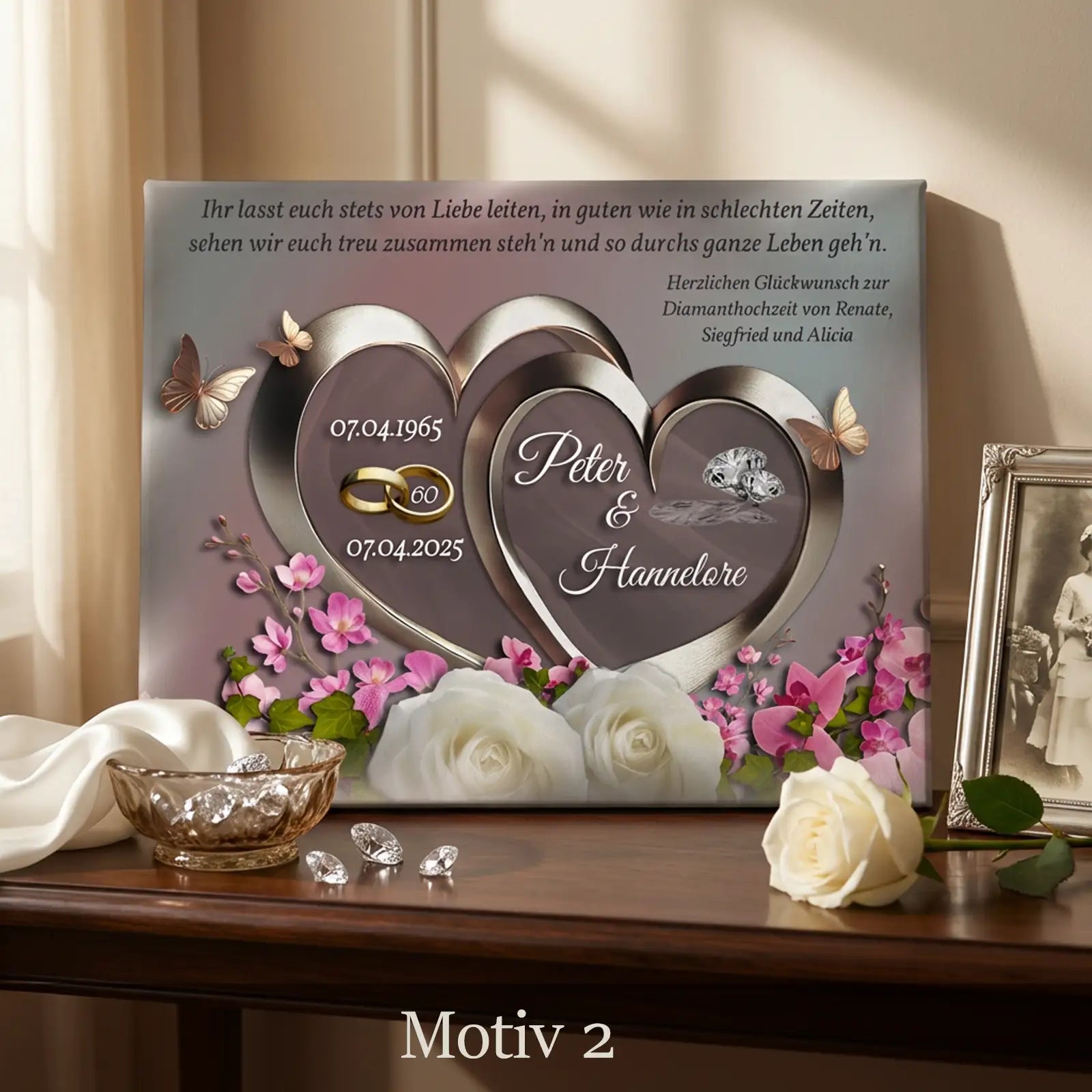 Personalisierte Leinwand als Geschenk zur Diamantenhochzeit mit zwei silbernen Herzen, Namen Peter und Hannelore, 60 Jahre Ehe in elegantem Design. Exklusiv zum 60. Hochzeitstag