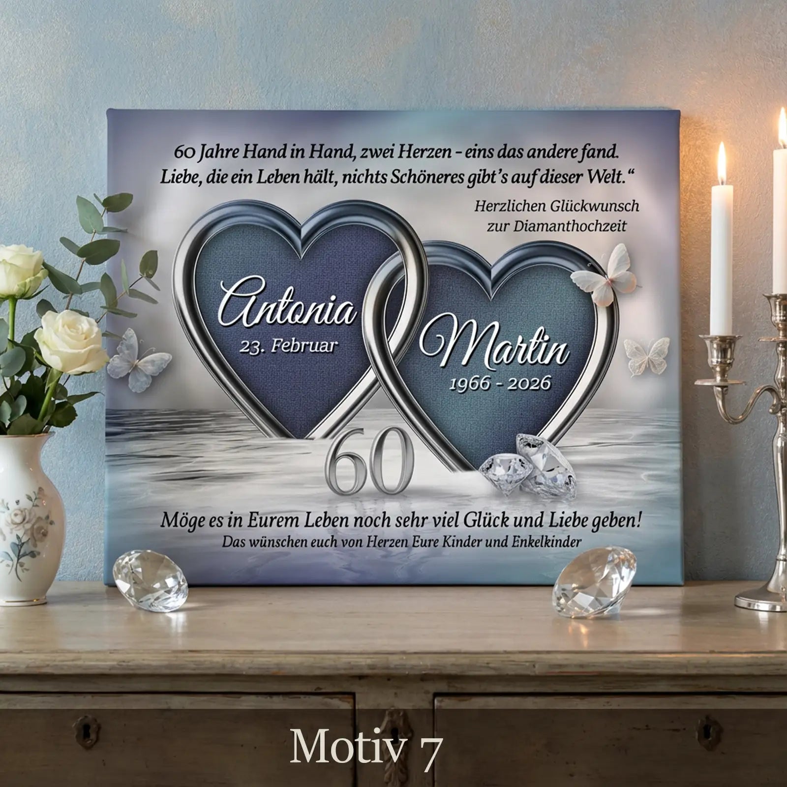 Personalisierte Leinwand als Geschenk zur Diamanthochzeit. Mit zwei Herzen und 60-Gestaltung, Namen Antonia und Martin, exlusiv zum 60. Hochzeitstag