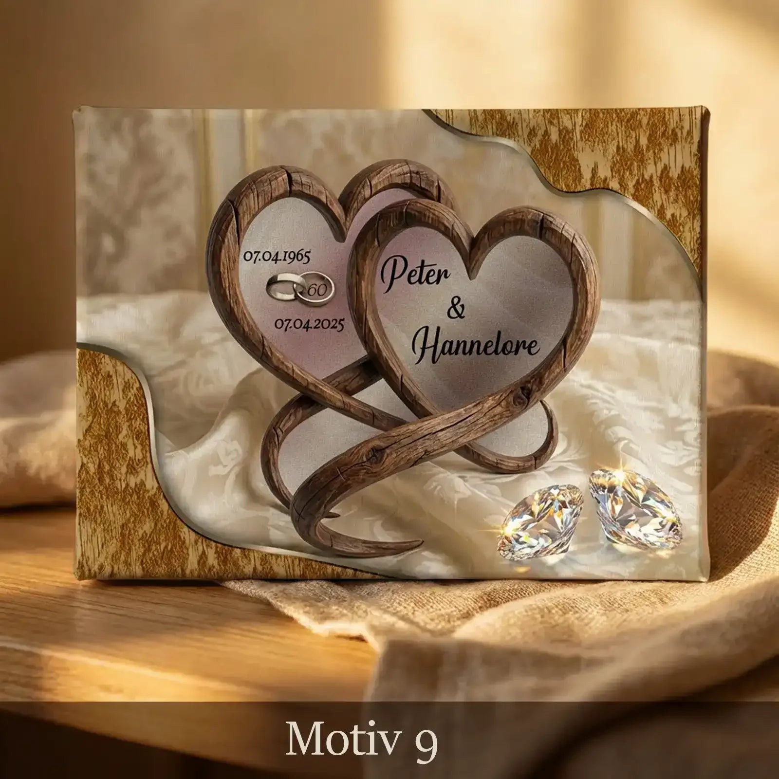 Personalisierte Leinwand als Geschenk zur Diamanthochzeit, im rustikalen Stil mit ineinander verschlungenen Herzen, Namen Peter und Hannelore, exklusiv zum 60. Hochzeitstag.