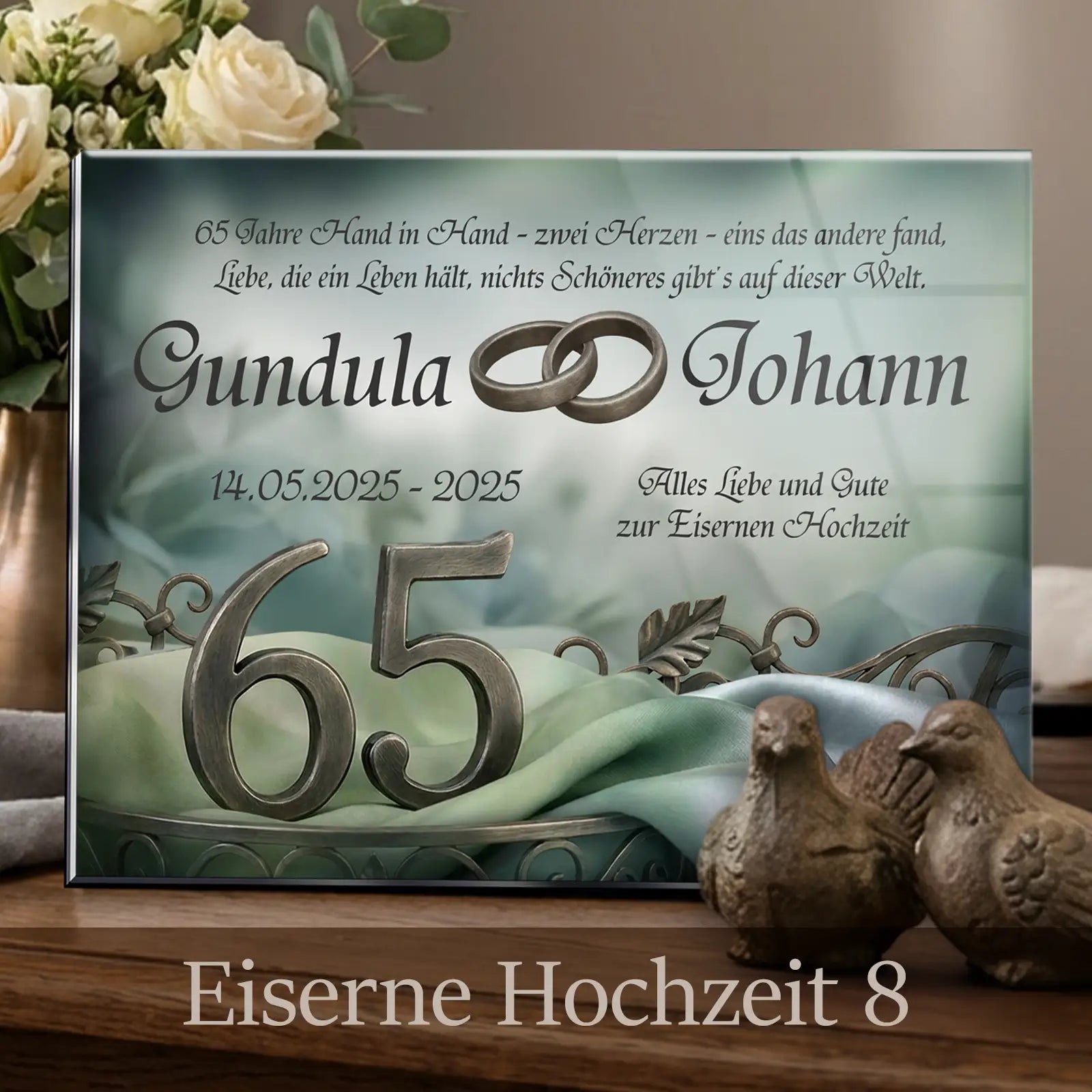 Geschenk zur Eisernen Hochzeit: personalisiertes Acrylglasbild mit rustikaler Eisenoptik um 65 Hochzeitstag - Motiv-8