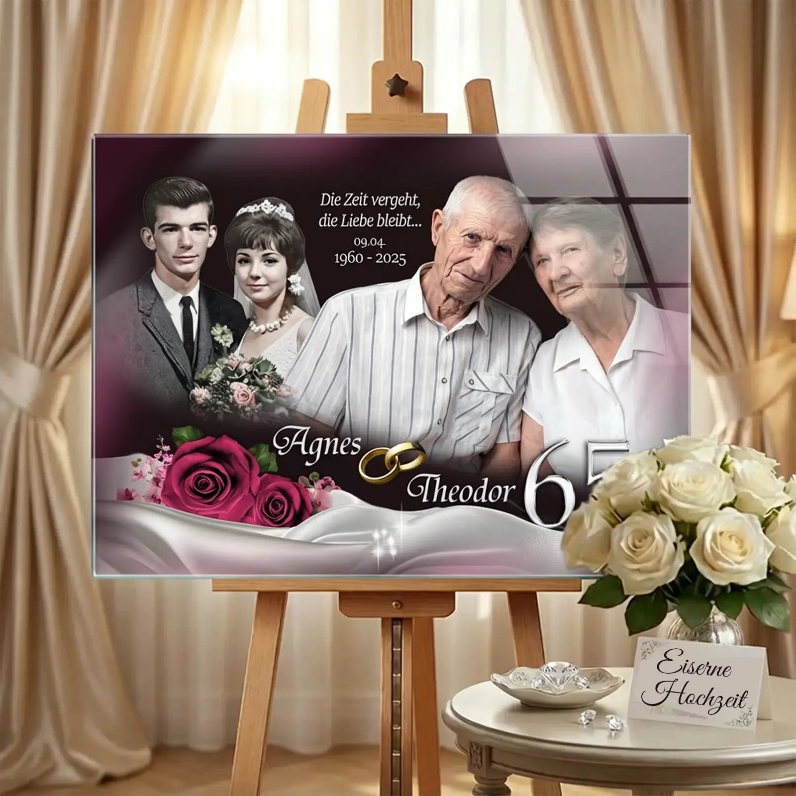 Geschenk zur Eisernen Hochzeit mit Foto – Acrylglasbild mit Collage eines Ehepaares und Hochzeitsfoto zum 65. Hochzeitstag auf Staffelei im eleganten Ambiente