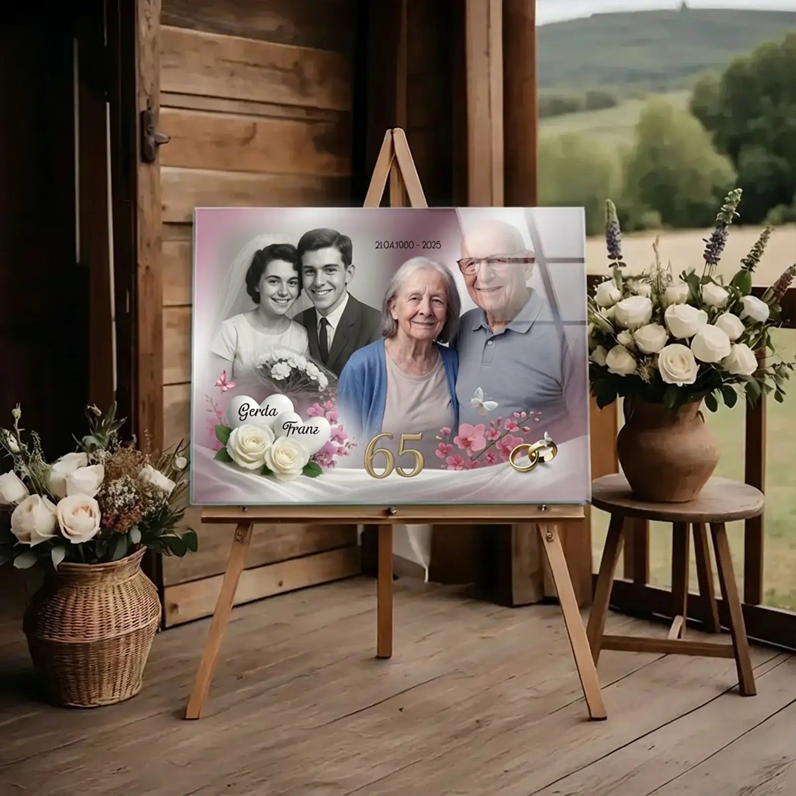 Geschenk zur Eisernen Hochzeit mit Foto – Acrylglasbild mit Collage eines Ehepaares und Hochzeitsfoto zum 65. Hochzeitstag auf Staffelei präsentiert