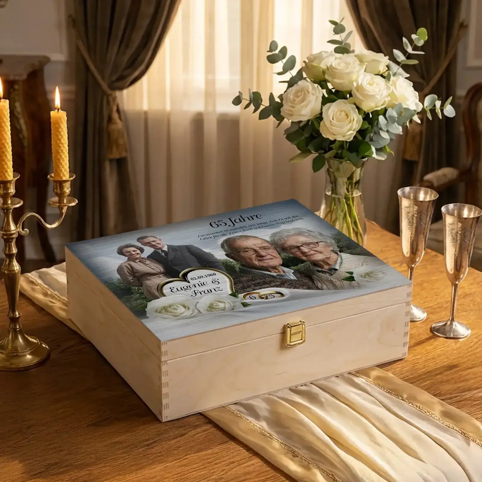 Geschenk zur Eisernen Hochzeit - personalisierte Holzbox mit Foto von damals und heute zum 65. Hochzeitstag. Eugenie und Franz