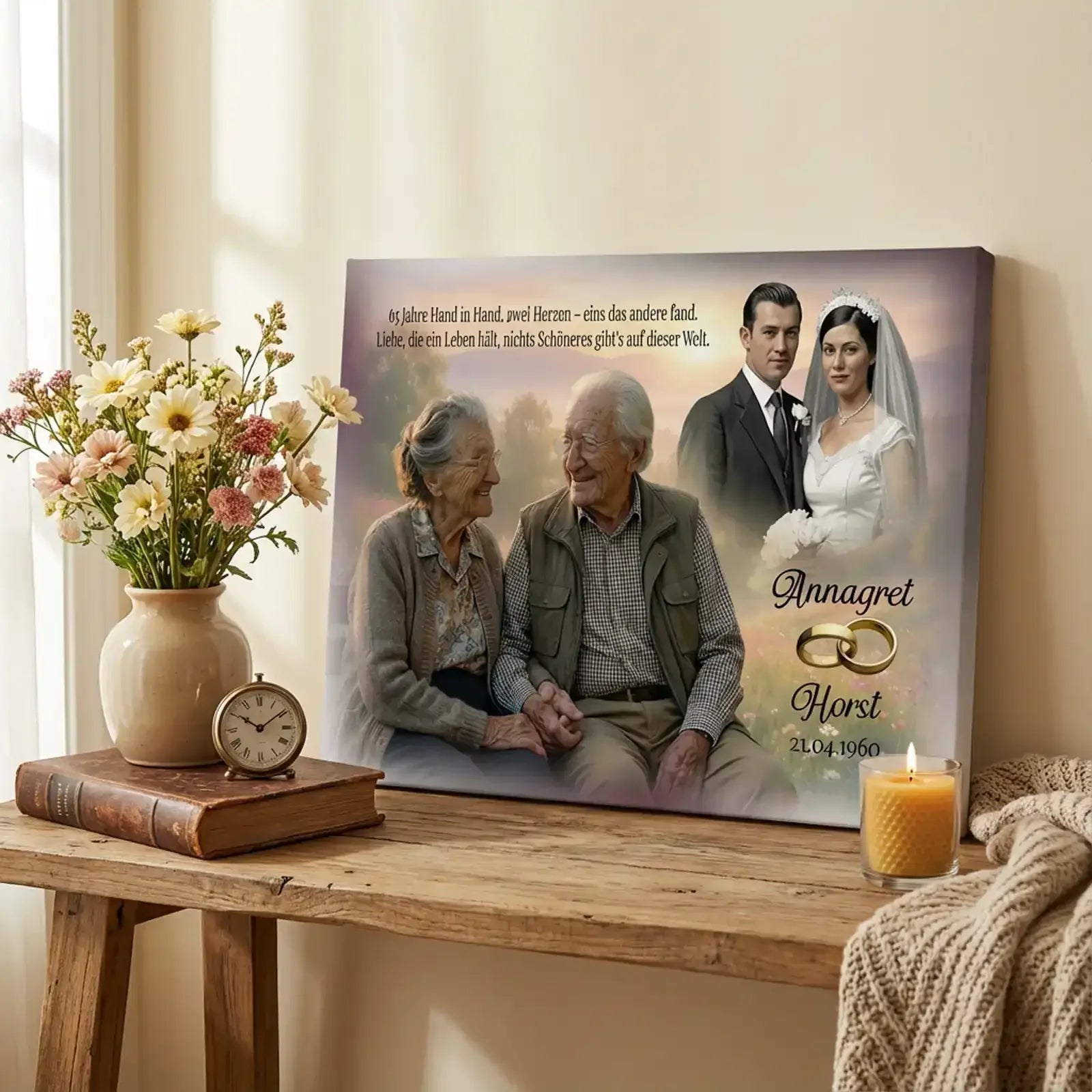 Geschenk zur Eisernen Hochzeit – personalisierte Leinwand mit Foto von einem älteren Paar und Hochzeitsdatum.