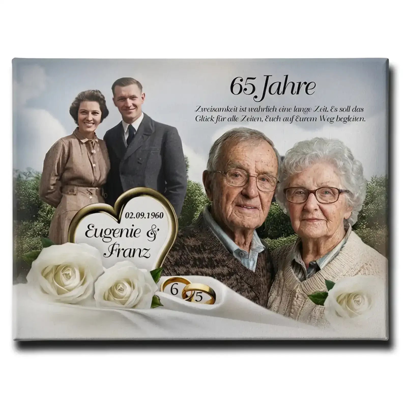 Geschenk zur Eisernen Hochzeit Foto, personalisierte Leinwand von Eugenie & Franz nach 65 Jahren Ehe. Ideal zum 65. Hochzeitstag.