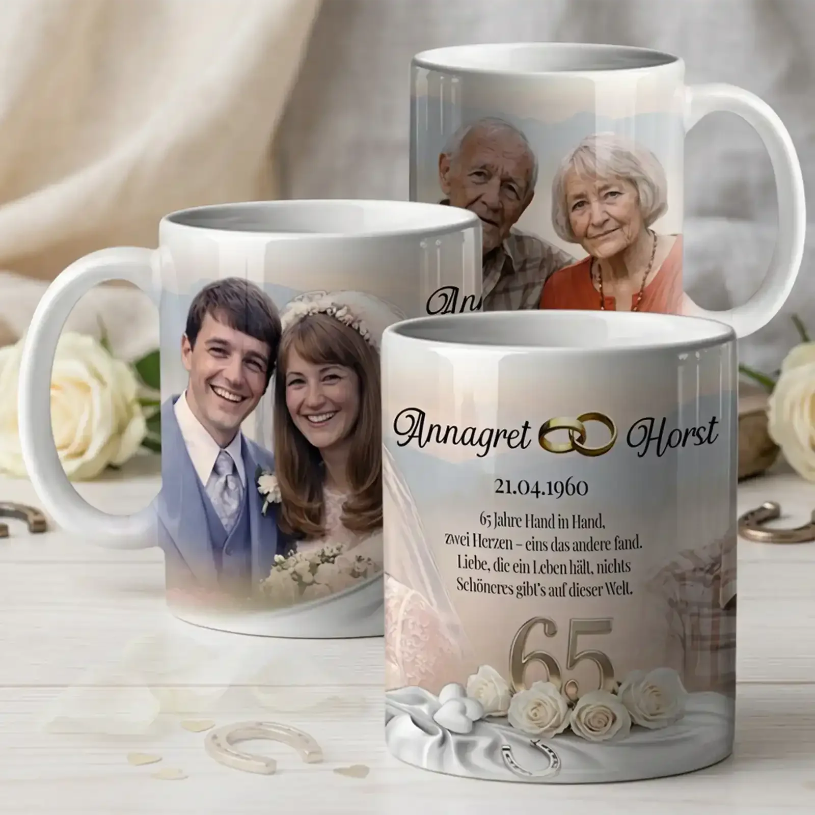 Geschenk zur Eisernen Hochzeit. Tasse mit Foto und Namen des Paares zum 65. Hochzeitstag - Annagret und Horst