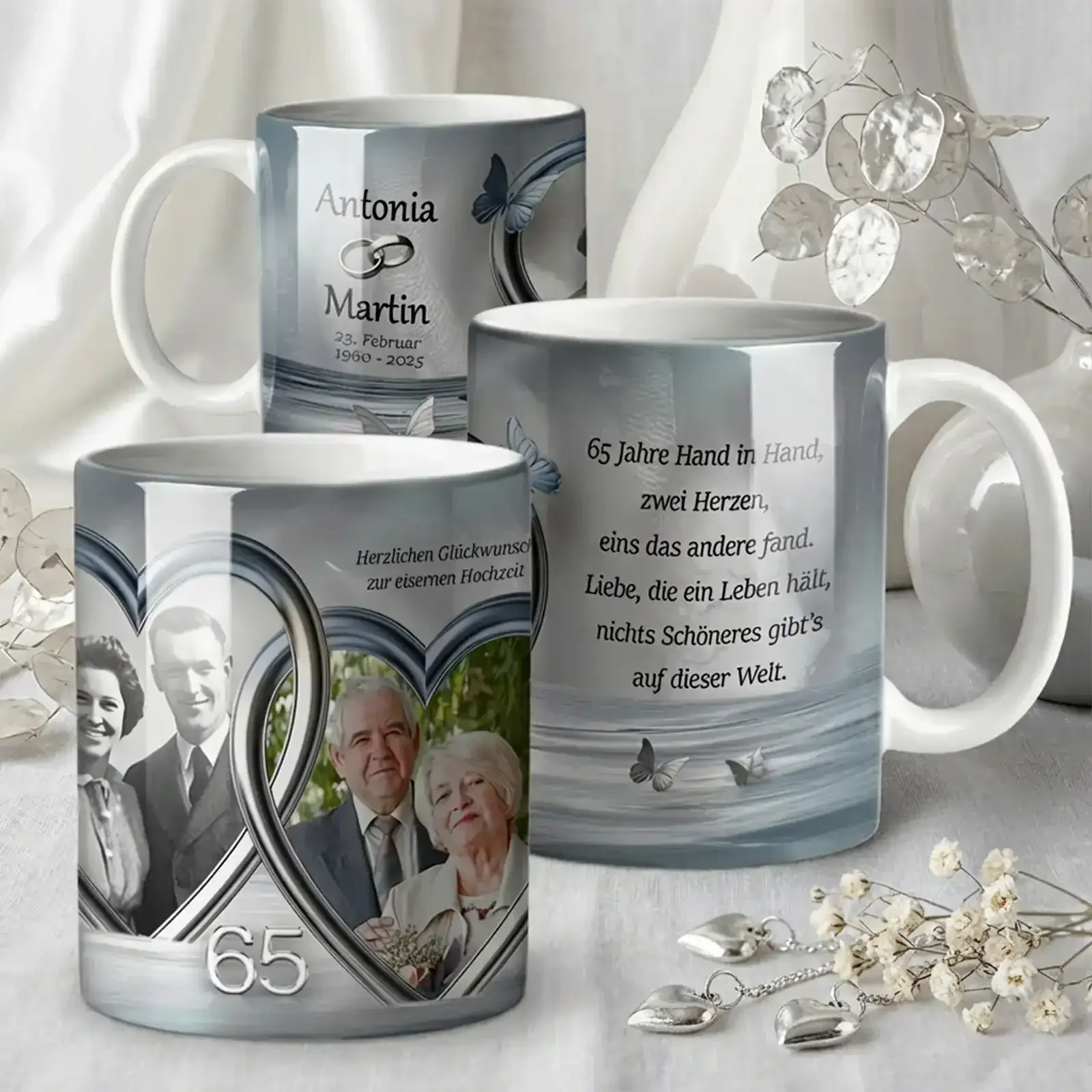Geschenk zur Eisernen Hochzeit. Tasse mit Foto und Namen des Paares zum 65. Hochzeitstag - Antonia und Martin