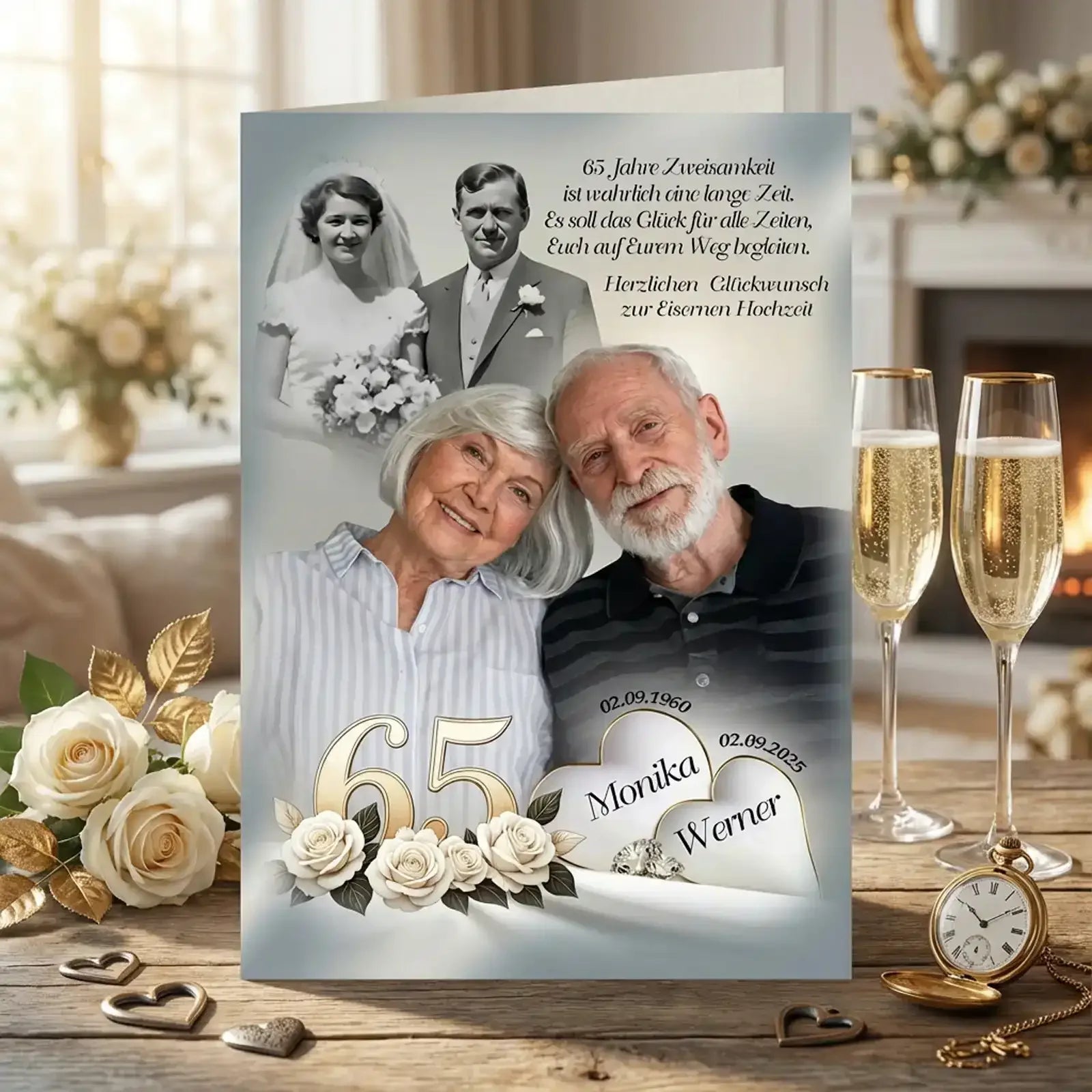 Geschenk zur Eisernen Hochzeit – Personalisierte Grußkarte mit Paar und goldenen Details zum 65. Jubiläum