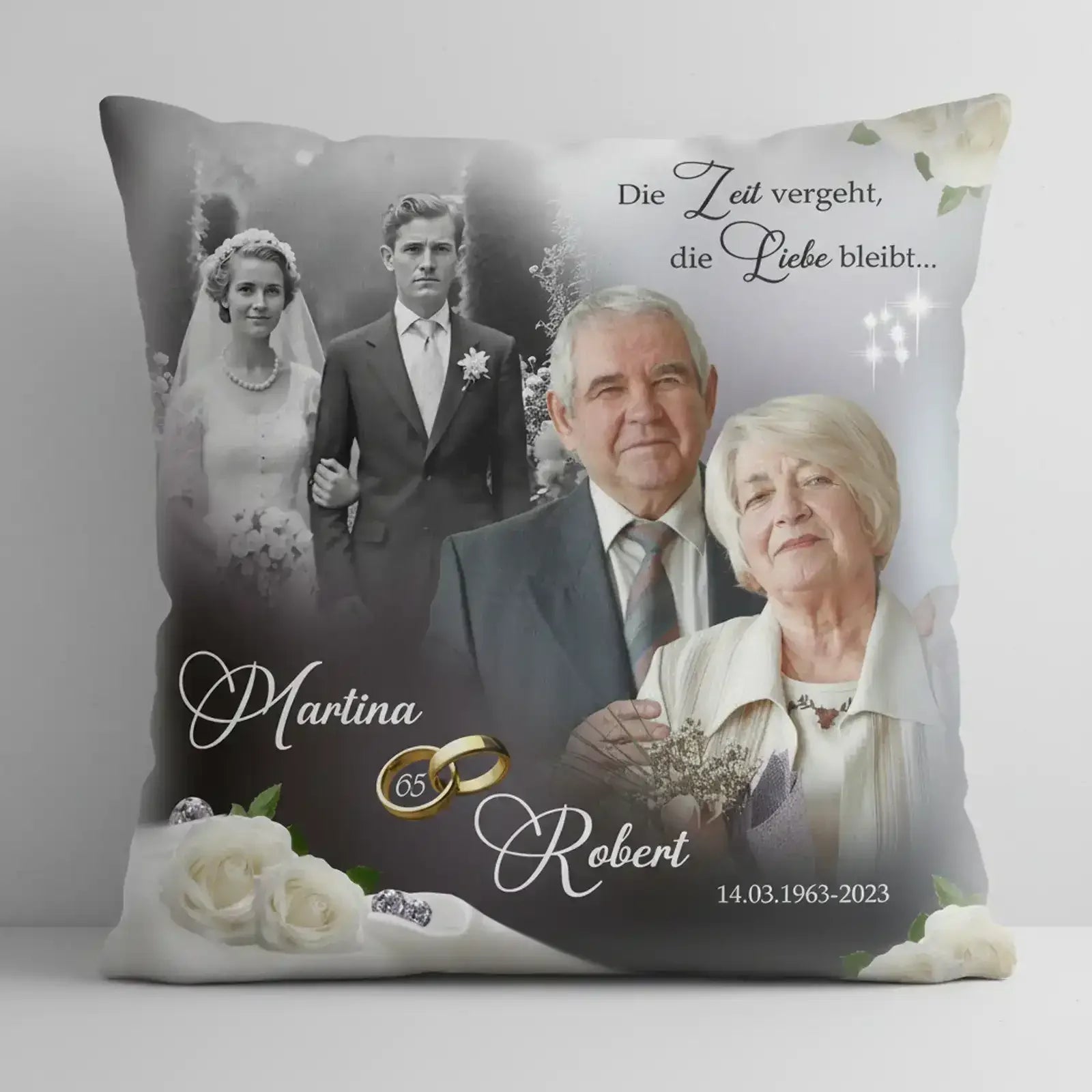 Geschenk zur Eisernen Hochzeit - Kissen mit damals und heute Foto - Martina und Robert