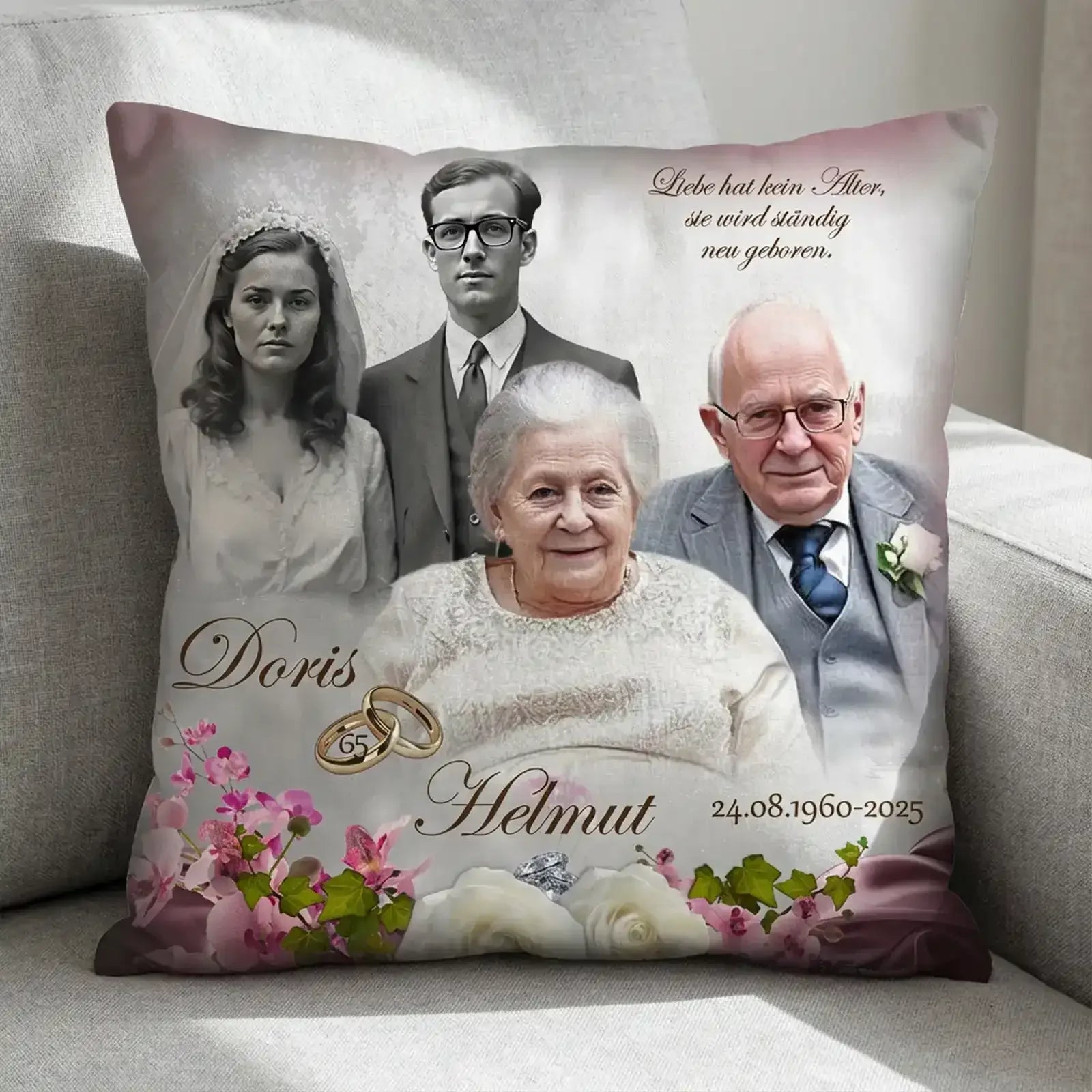 Geschenk zur Eisernen Hochzeit - Kissen mit damals und heute Foto zum 65. Hochzeitstag - Doris und Helmut