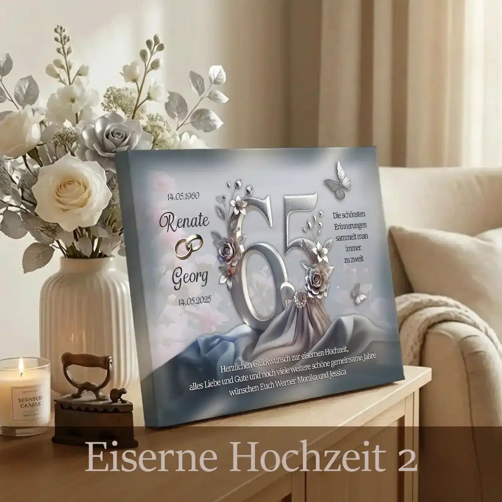 Geschenk zur Eisernen Hochzeit - Personalisierte Leinwand zum 65. Hochzeitstag- Motiv2