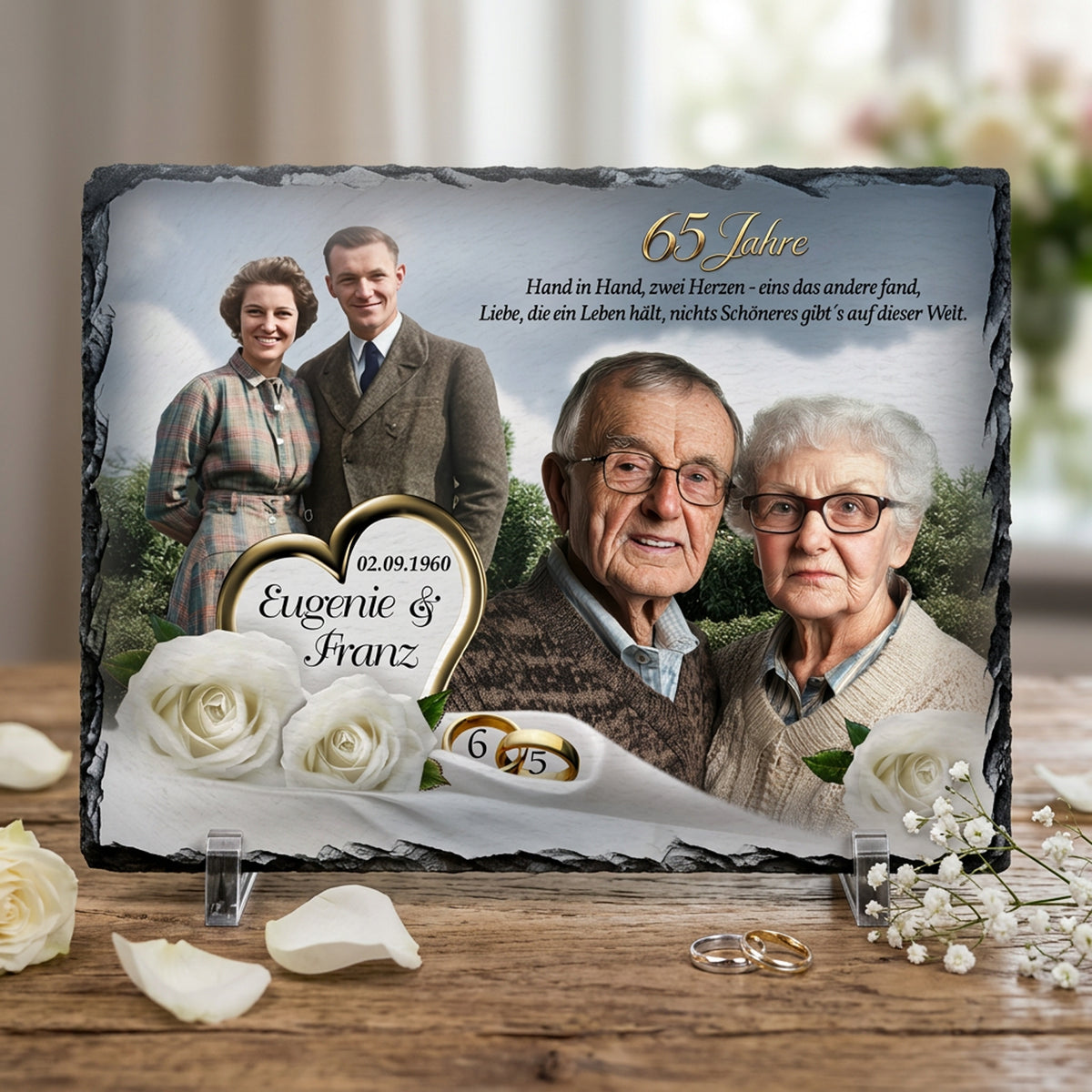 Personalisierte Schieferplatte zur Eisernen Hochzeit für Großeltern mit Fotos damals und heute, Spruch und goldenem Herz, bedruckt auf Naturschiefer mit Bruchkante und Standfüßen als Fotogeschenk zum 65. Jubiläum