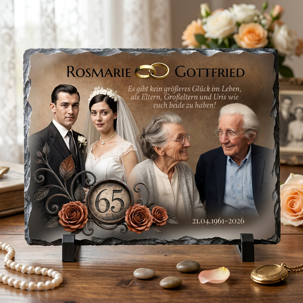 Personalisierte Schieferplatte zur Eisernen Hochzeit für Rosmarie und Gottfried mit Hochzeitsfotos von damals und heute, Spruch und Ringen, bedruckt auf Naturschiefer mit Bruchkante und Standfüßen als Fotogeschenk zum 65. Jubiläum