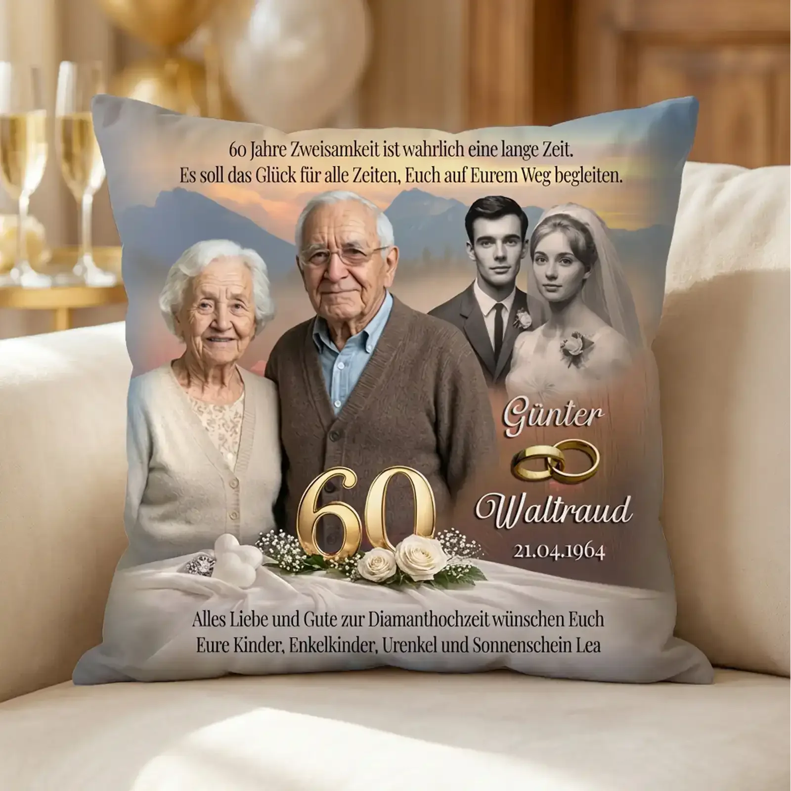 Personalisierte Kissen. Geschenk zur diamantenen Hochzeit. Exklusives Geschenk zum 60. Hochzeitstag.