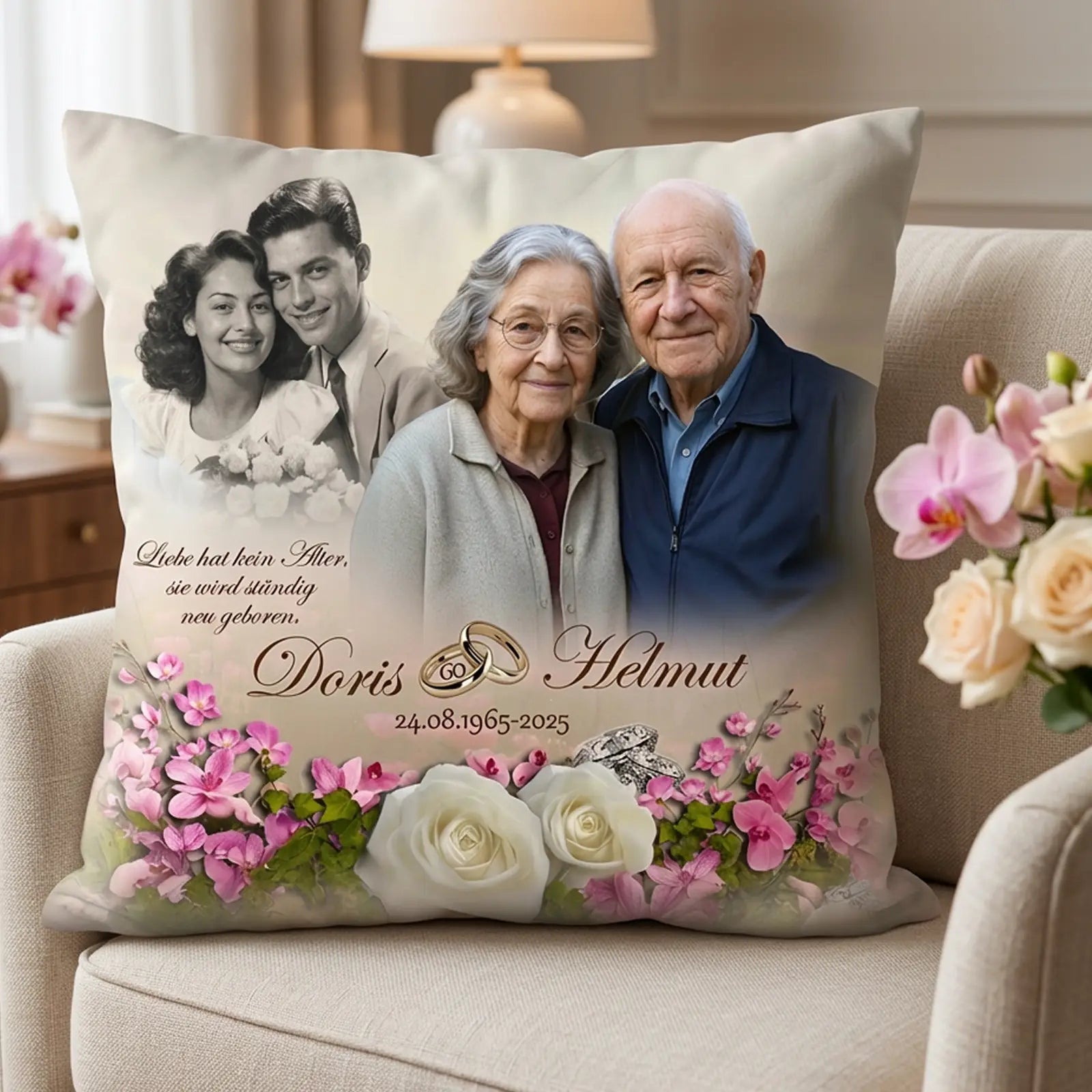 Geschenk zur Diamanthochzeit: Personalisiertes Kissen mit Foto und Namen zum 60. Hochzeitstag.