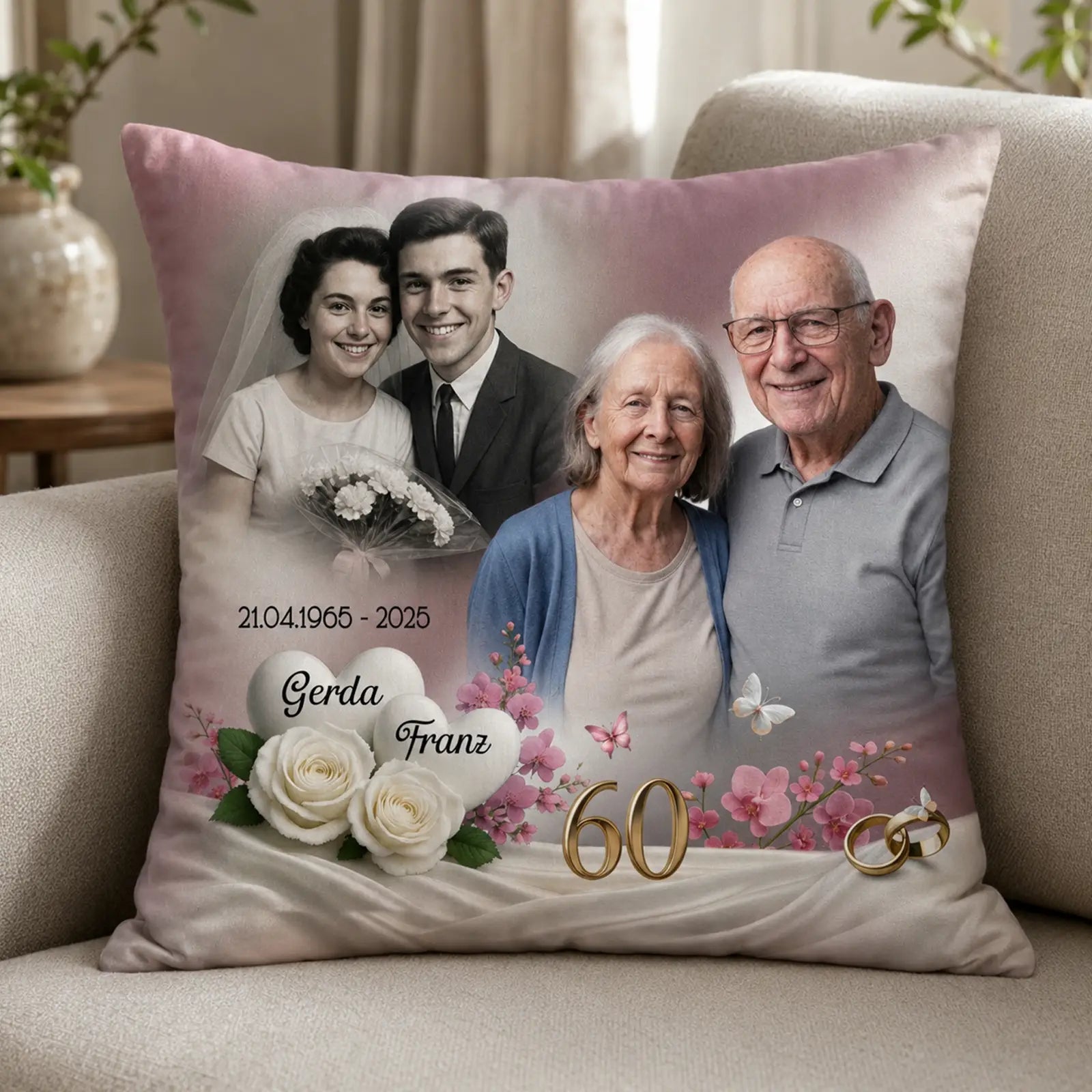 Personalisiertes Geschenk zur Diamanthochzeit – Kissen mit Foto und Namen als Geschenk zum 60. Hochzeitstag.