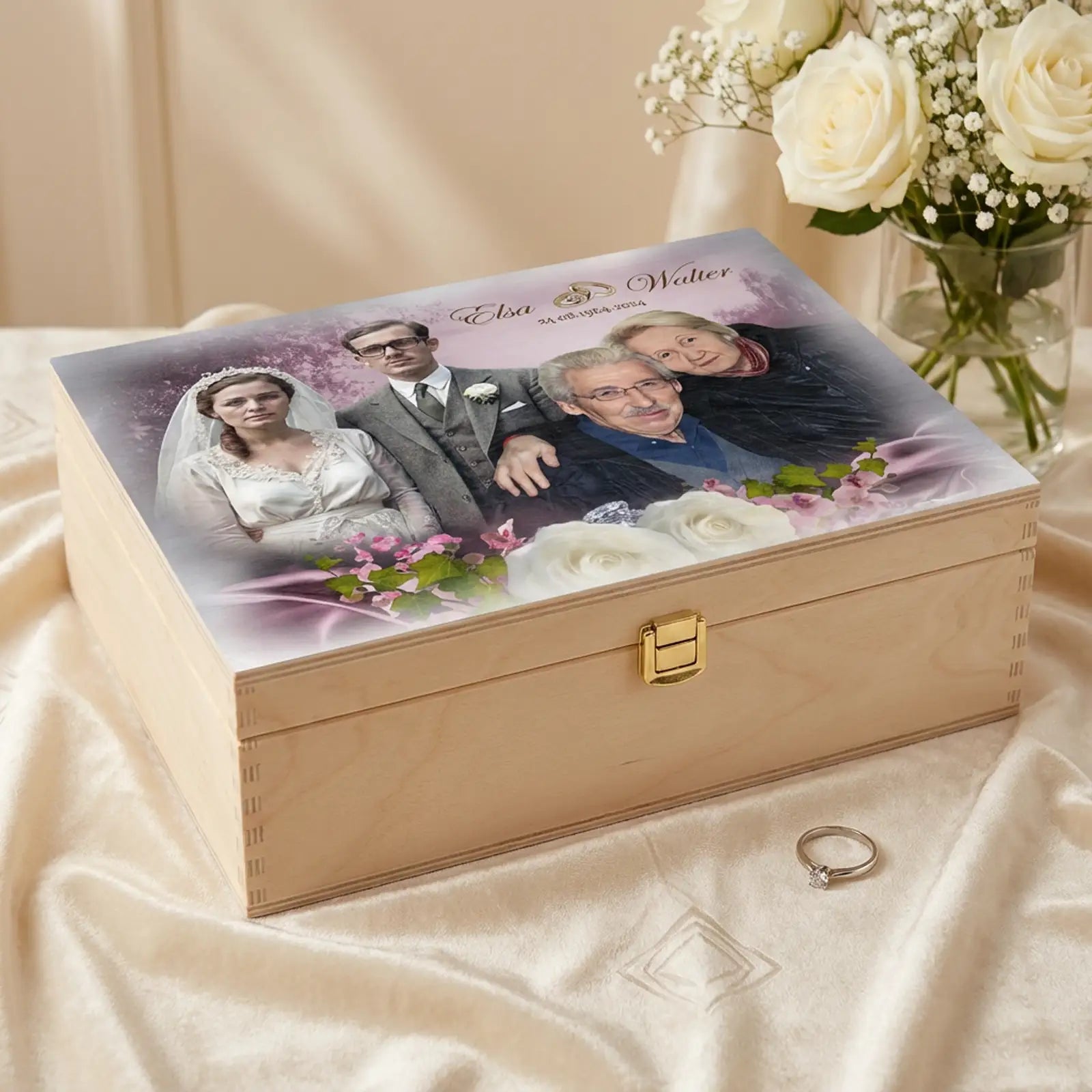 Geschenk zum 60. Hochzeitstag: Personalisierte Holzbox mit Bildern von früher und heute und individuellem Text