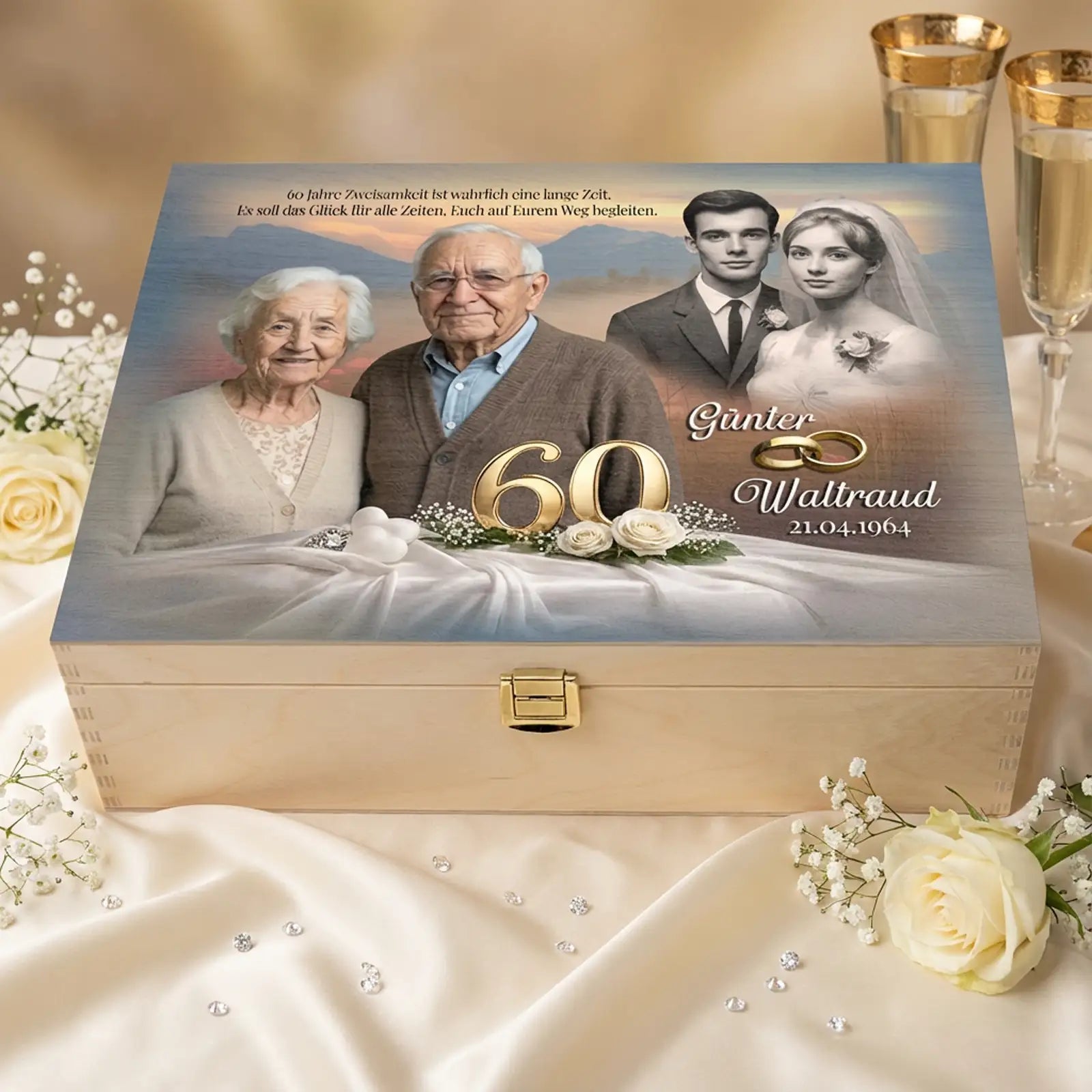 Geschenk zur Diamantenen Hochzeit: Praktische Holzbox mit Fotos von früher und heute, Namen und persönlichem Text