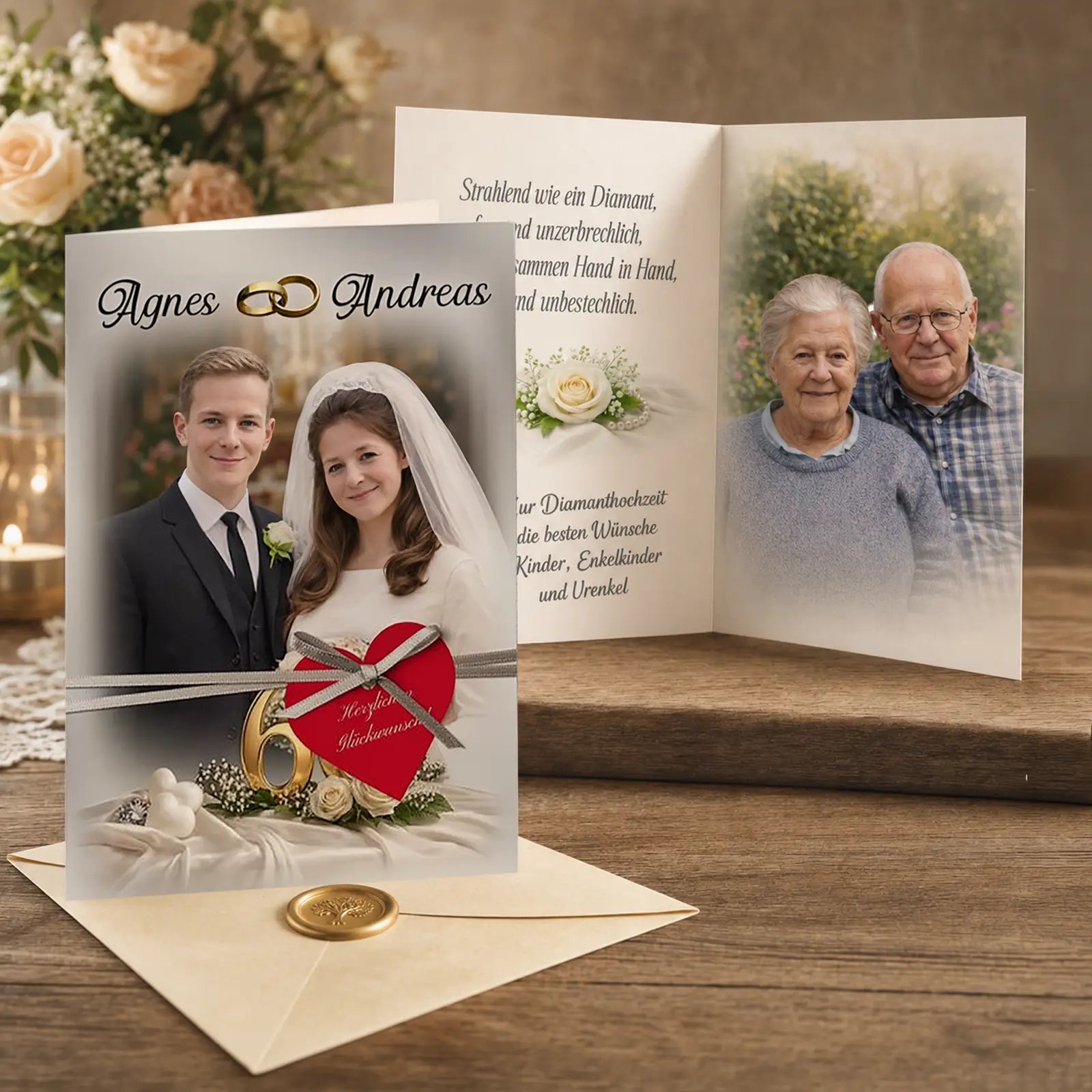 Diamanthochzeit Glückwunschkarte mit Fotos von damals und heute, dekoriert mit rotem Herzanhänger und Schleife, personalisiert mit Namen und Datum als edles Foto-Geschenk zum 60. Hochzeitstag