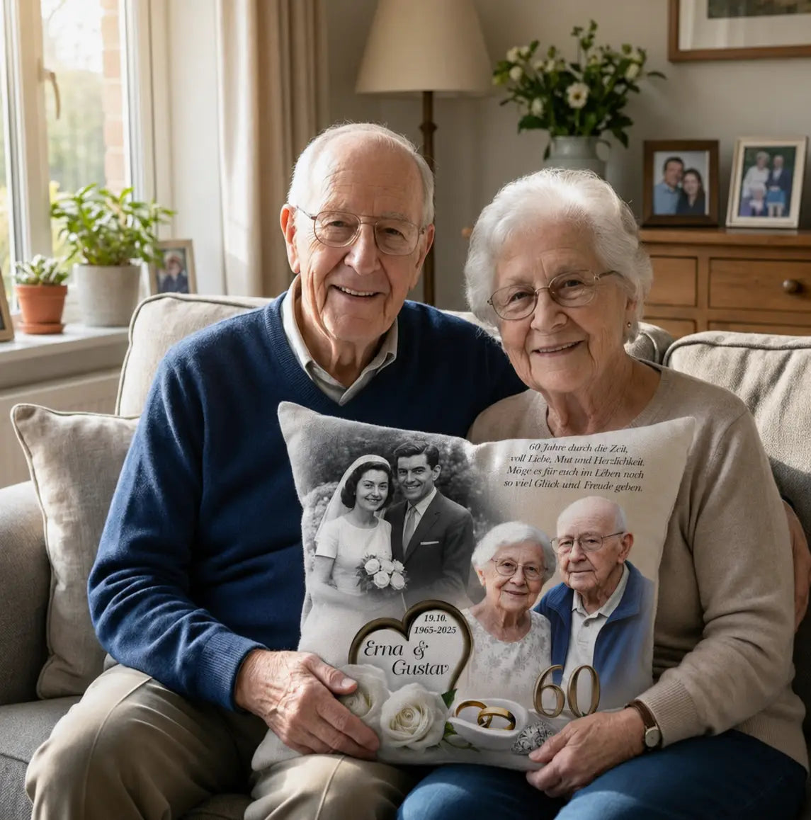 Geschenk zur Diamanten Hochzeit. Personalisiertes Kissen mit Foto und name zum 60. Hochzeitstag.