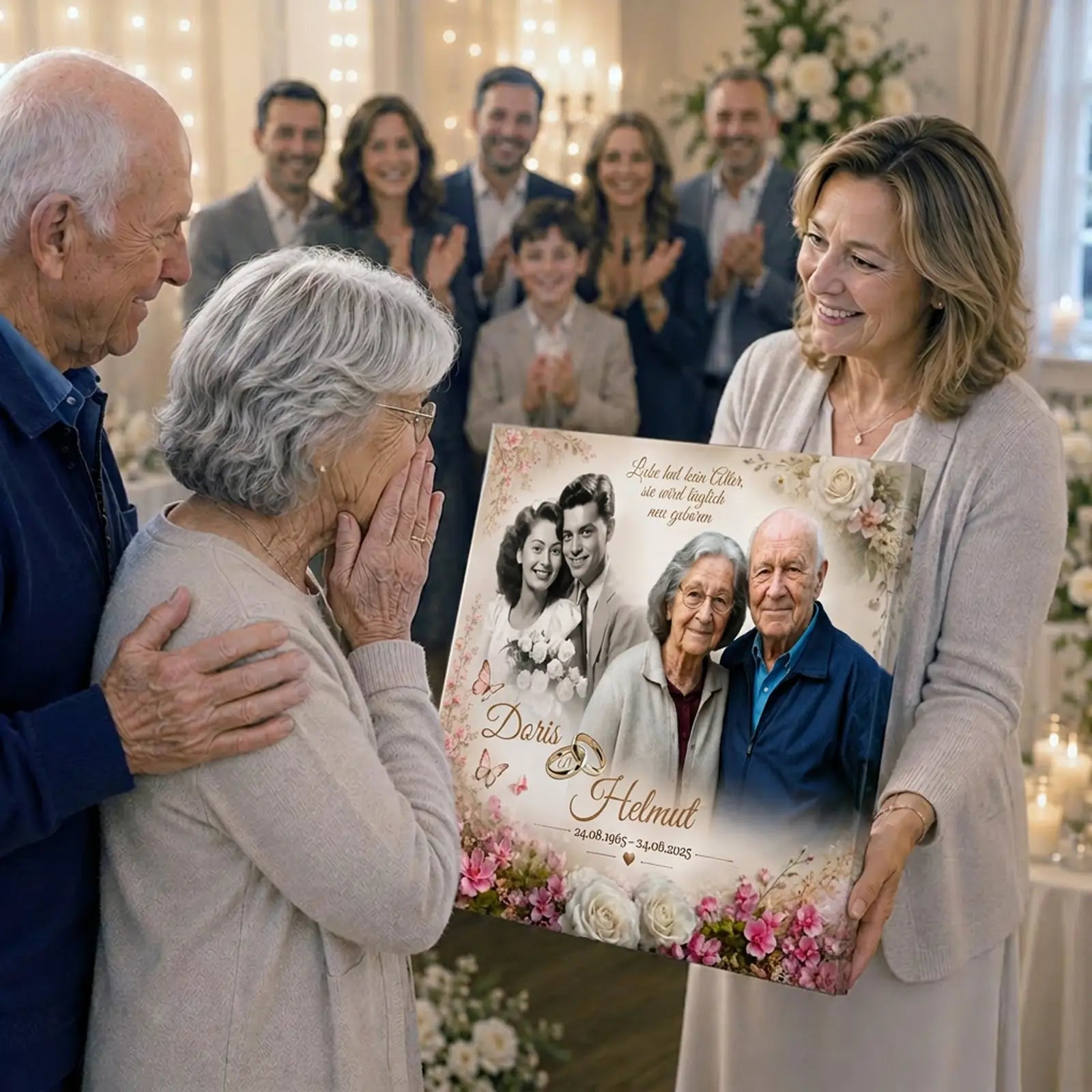 Geschenk zur Diamanthochzeit. Persönlich gestaltet mit Fotos von damals und heute, Namen, Datum und Sprüchen. Individuelles Geschenk zum 60. Hochzeitstag.