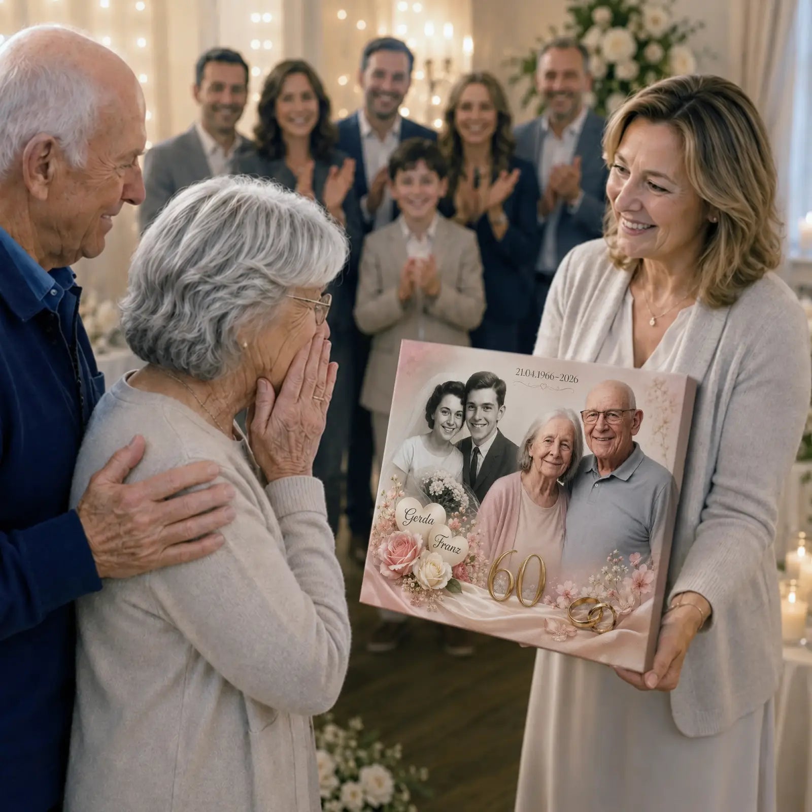 Geschenk zur Diamanthochzeit. Persönlich gestaltet mit Fotos von damals und heute, Namen, Datum und Sprüchen. Individuelles Geschenk zum 60. Hochzeitstag.
