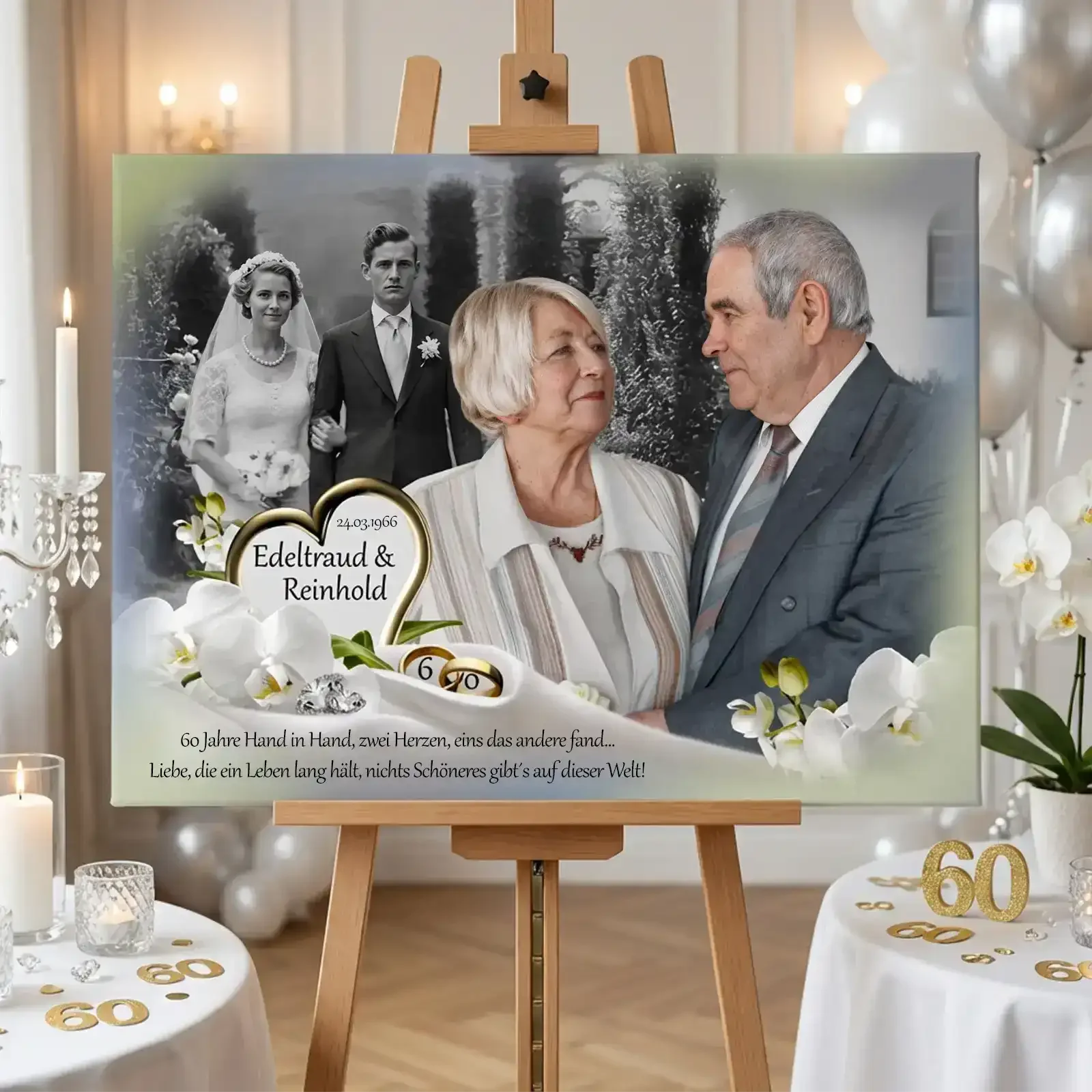 Geschenk zur Diamtenen Hochzeit. Personalisiert mit Fotos von damals und heute, Namen, Datum und Sprüchen. Individuell zum 60. Hochzeitstag.