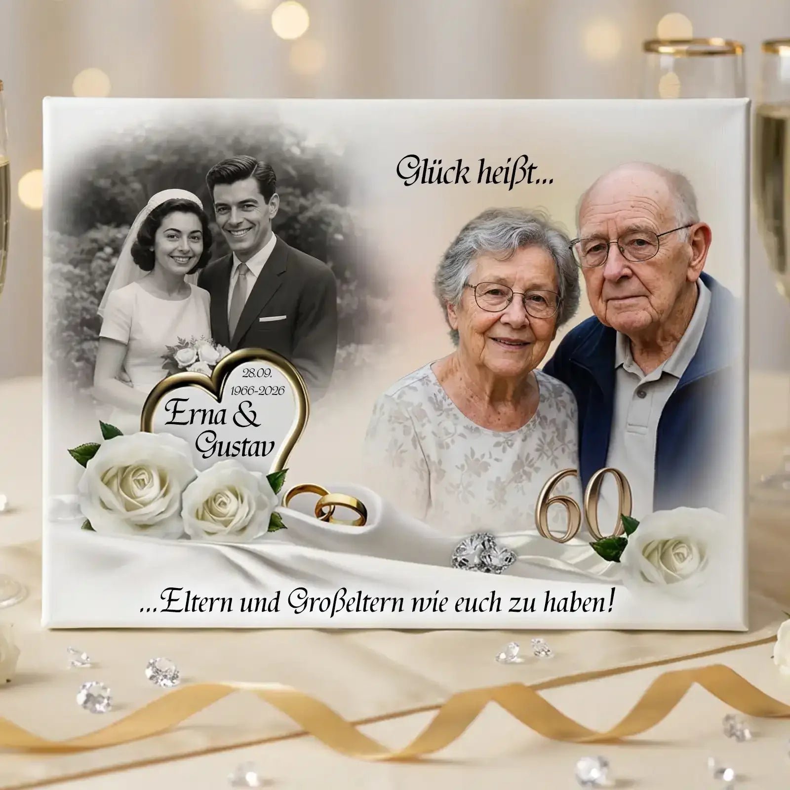 Geschenk Diamanthochzeit: Personalisiertes Erinnerungsstück mit Fotos von damals und heute sowie Namen, Datum und Spruch