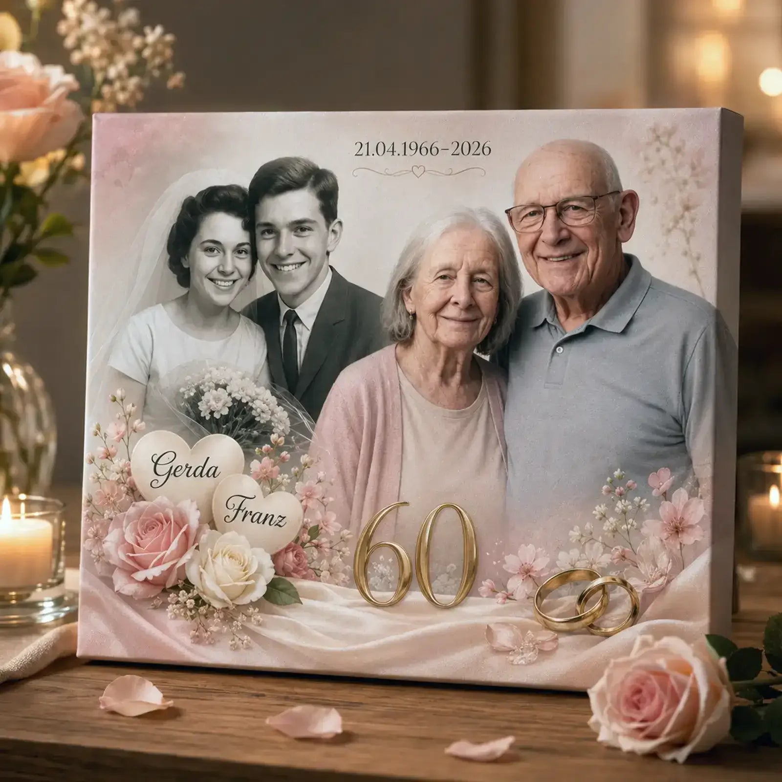Geschenk zur Diamantenen Hochzeit: Individuell mit Fotos von früher und heute, Namen und Datum als bleibende Erinnerung
