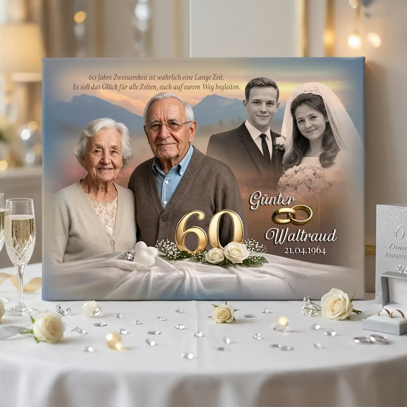 Geschenk zur Diamantenen Hochzeit: Personalisiert mit Fotos von früher und heute sowie Namen und Datum als Erinnerung