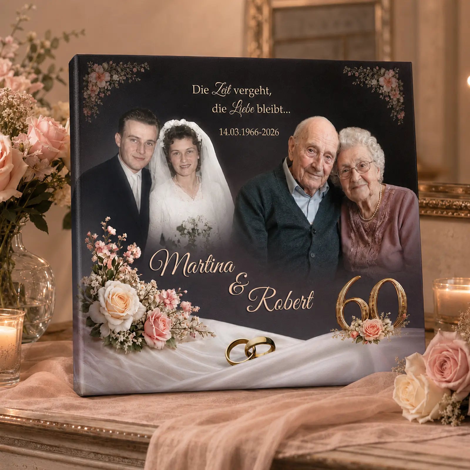 Gescheink zur Diamanthochzeit. Personalisierte Leinwand zum 60. Hochzeitstag mit Foto von damals und heute, dekorativer 60, Rosen und Ringen.