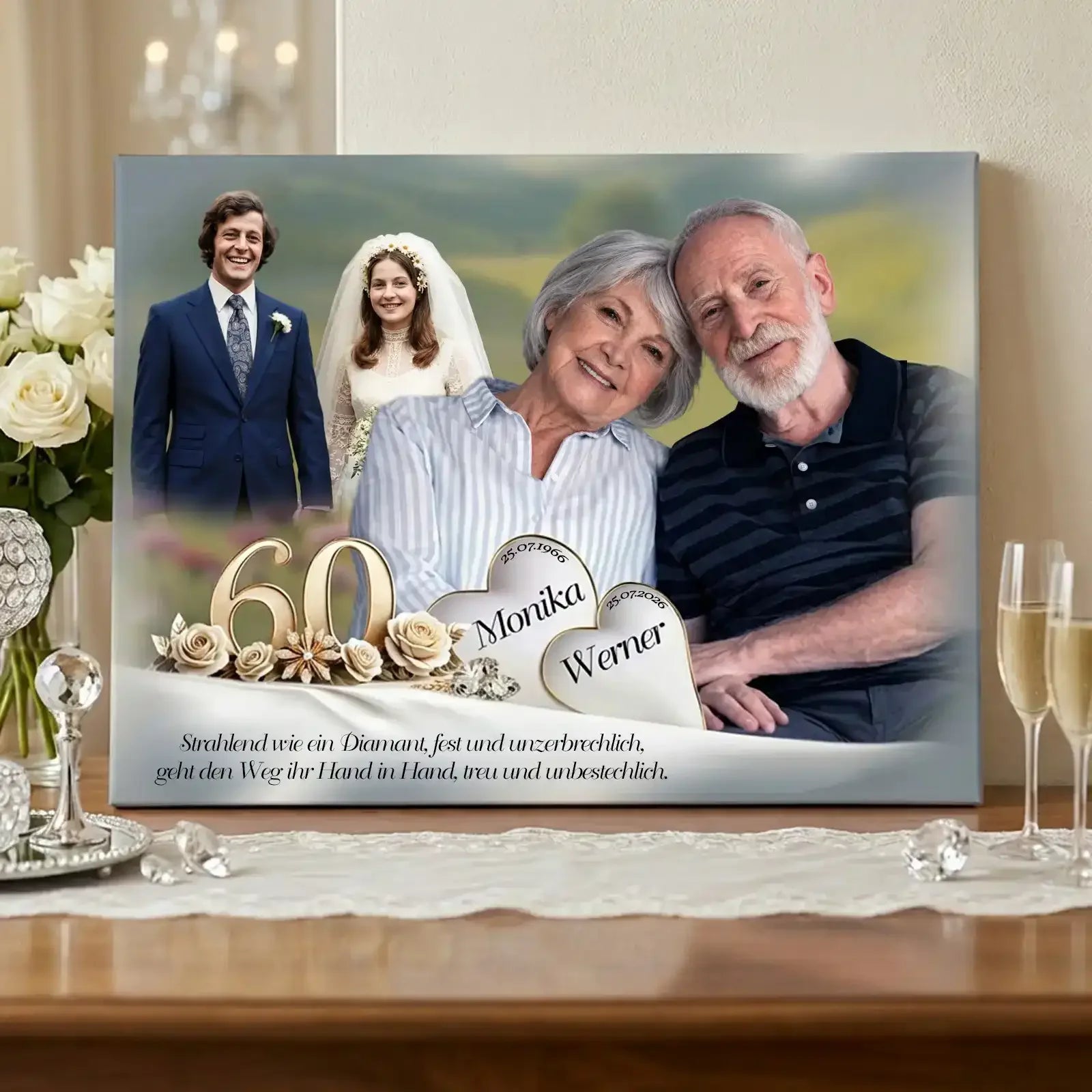 Geschenk zur Diamantenen Hochzeit: Individuelles Design mit Fotos von damals und heute sowie Namen und persönlichem Text