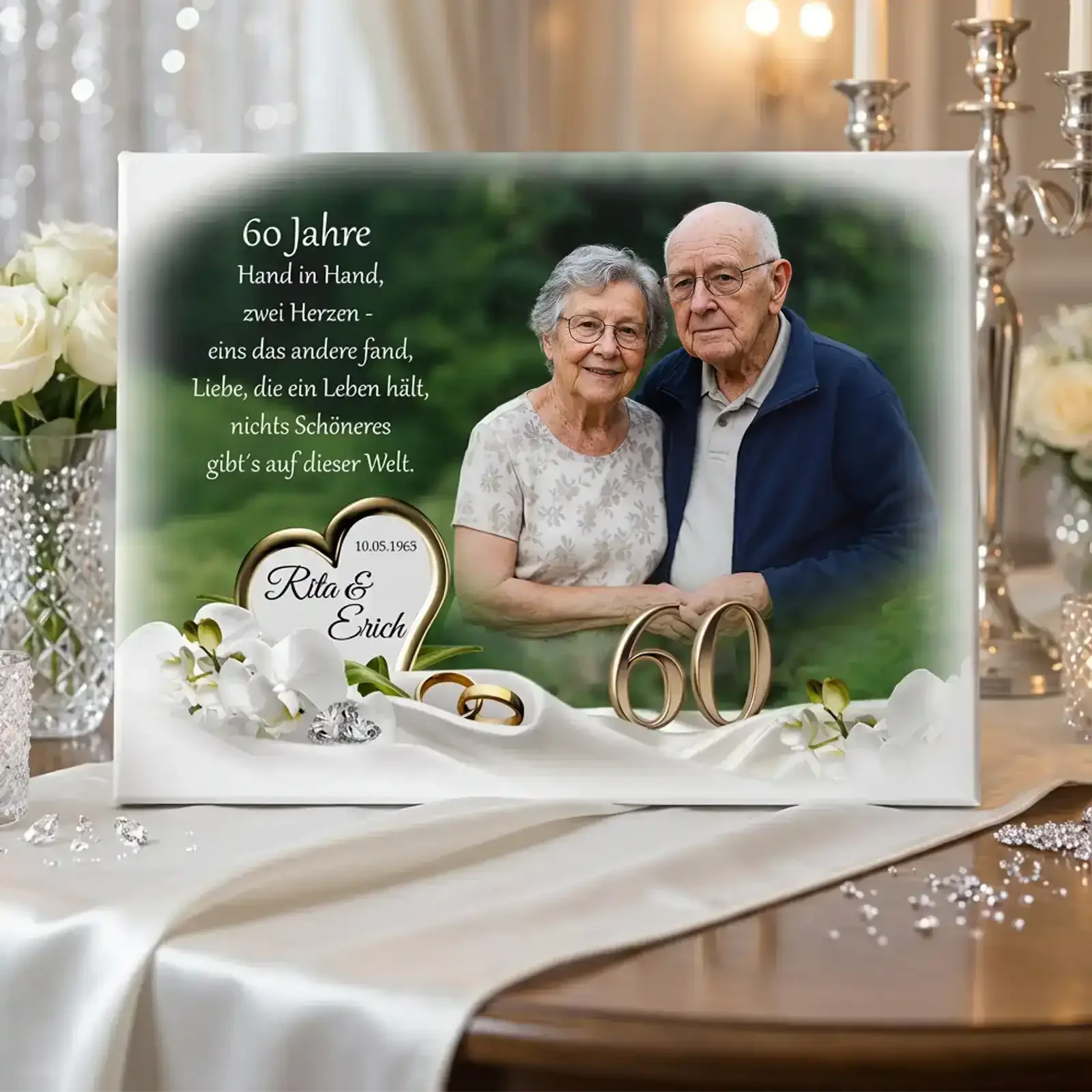 Geschenk zum 60. Hochzeitstag: Persönlich gestaltet mit Fotos von früher und heute, Namen und Datum