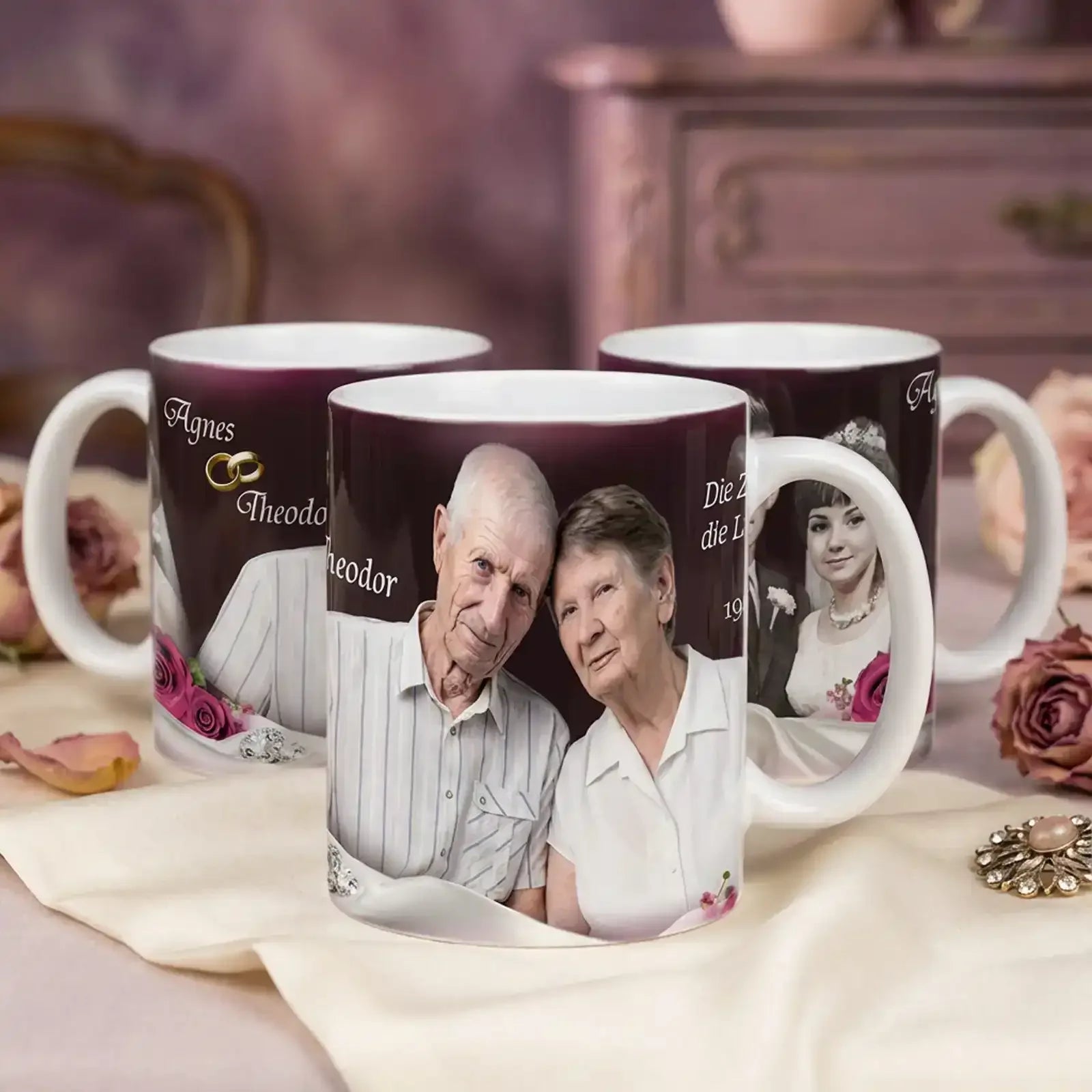 Geschenk zur Diamantenen Hochzeit: Personalisierte Fototasse mit Namen, Datum und Text als bleibende Erinnerung. Einzigartiges Geschenk zum 60. Hochzeitstag