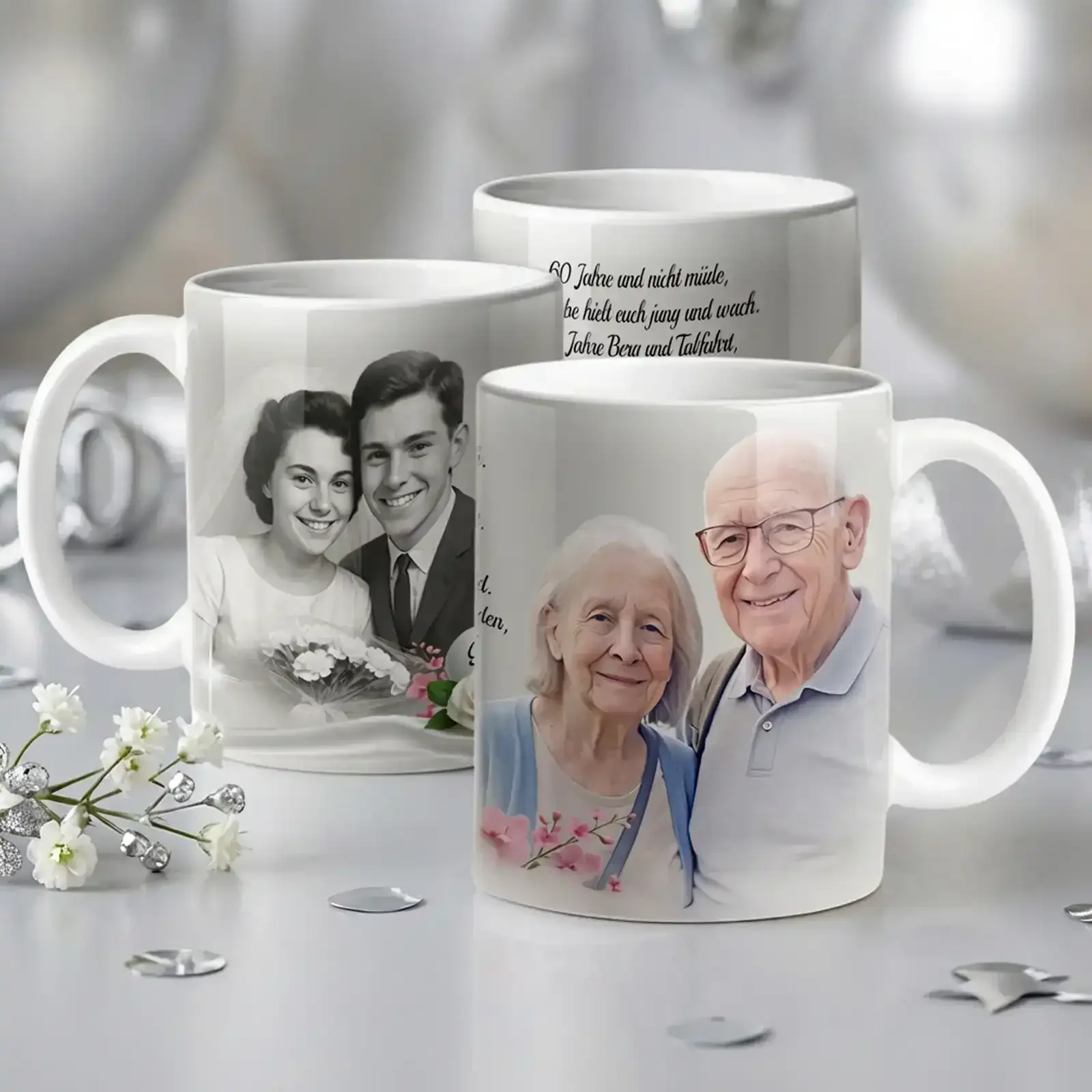 Geschenk zur Diamantenen Hochzeit: Personalisierte Tasse mit Fotos und individuellem Text zum 60. Hochzeitstag