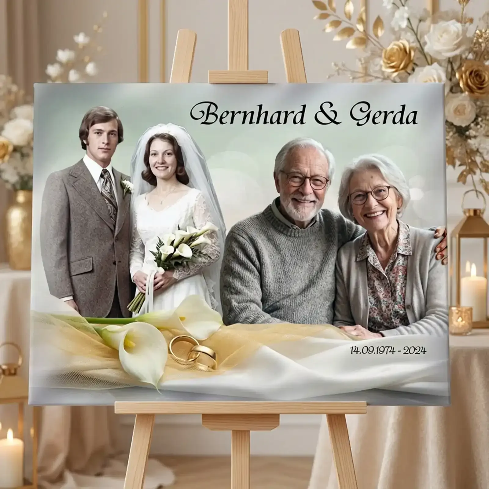 Leinwand zur Goldenen Hochzeit individuell bedruckt mit Fotocollage Namen und Datum des Jubiläums. Ideal als Geschenk zum 50 Hochzeitstag für Paare die ihre gemeinsame Geschichte feiern möchten. Dieses Wandbild bringt die Vergangenheit und Gegenwart auf elegante Weise zusammen und erinnert im Alltag an Liebe Treue und gemeinsame Lebenszeit.
