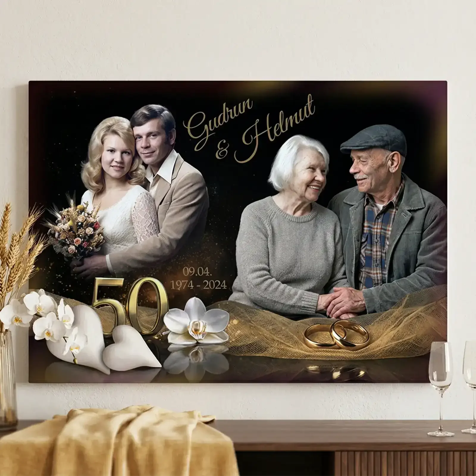 Goldene Hochzeit Leinwand mit Fotodesign Namen und Widmung zum 50 Hochzeitstag. Dieses Wandbild ist ein wunderschönes Erinnerungsstück und ideal für Paare die ihre persönliche Geschichte feiern möchten. Ein hochwertiges Geschenk das das Zuhause verschönert und im Alltag an Liebe Treue und Gemeinsamkeit erinnert.
