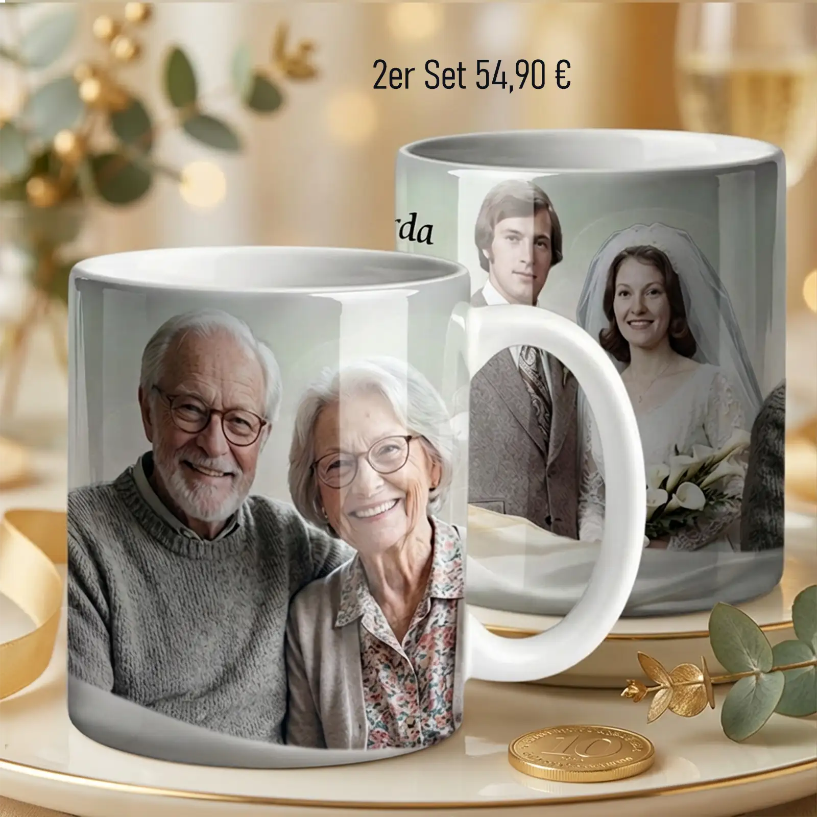 Personalisierte Tasse Goldene Hochzeit mit Fotos damals und heute – Jubiläumsgeschenk 50 Jahre - 2er Set. Zum 50. Hochzeitstag.
