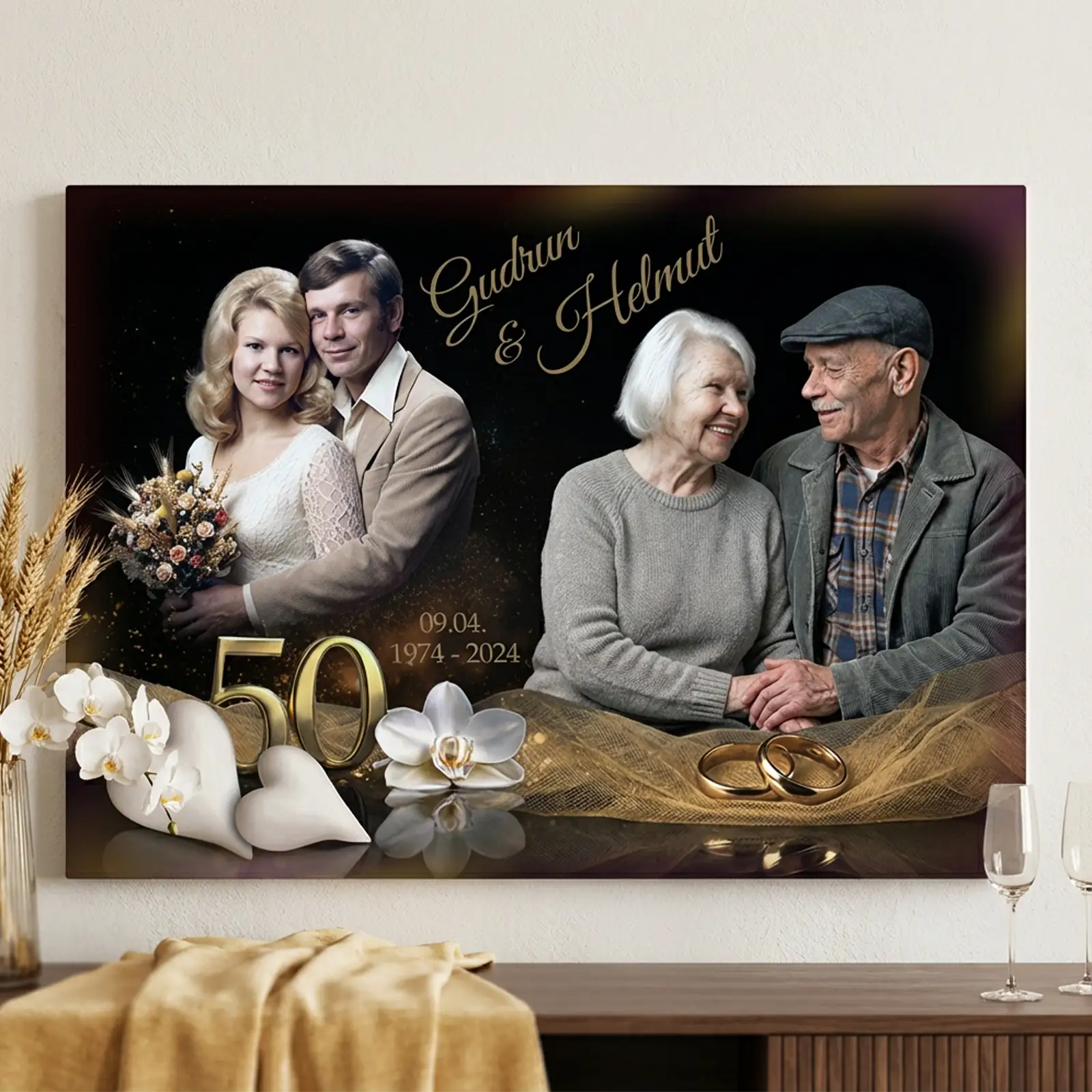 Goldene Hochzeit Leinwand mit Fotodesign Namen und Widmung zum 50 Hochzeitstag. Dieses Wandbild ist ein wunderschönes Erinnerungsstück und ideal für Paare die ihre persönliche Geschichte feiern möchten. Ein hochwertiges Geschenk das das Zuhause verschönert und im Alltag an Liebe Treue und Gemeinsamkeit erinnert.