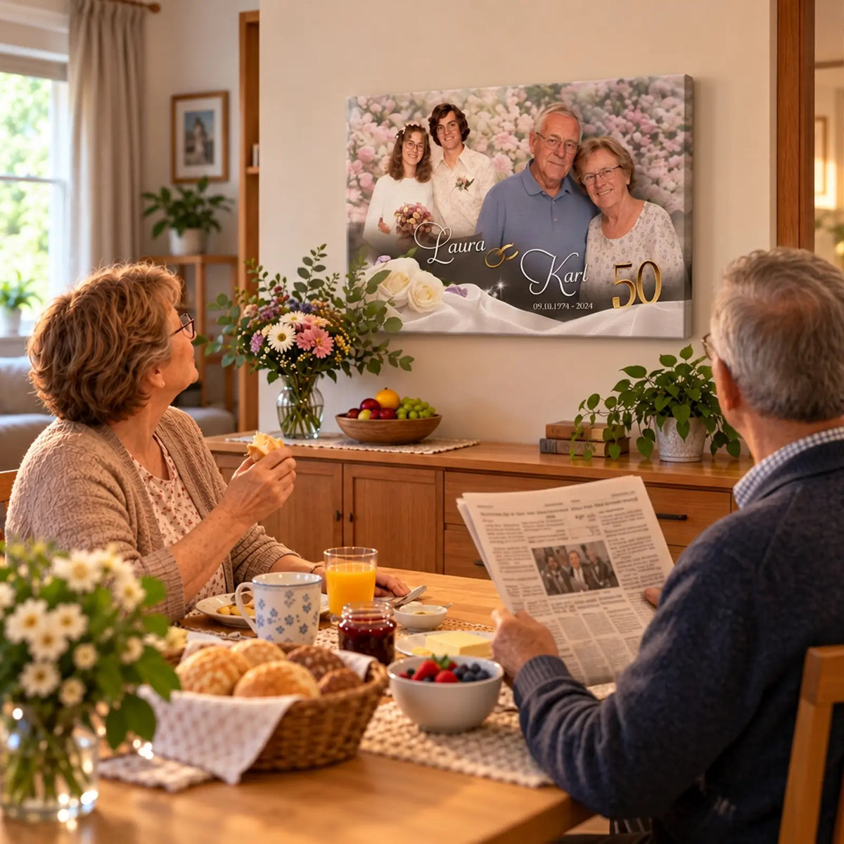 Personalisierte Leinwand zum 50. Hochzeitstag mit Fotos von der Hochzeit und dem aktuellen Paar Laura und Karl. Szene am Frühstückstisch