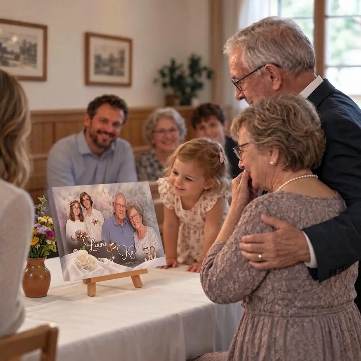 Personalisierte Leinwand zum 50. Hochzeitstag mit Fotos von der Hochzeit und dem aktuellen Paar Laura und Karl. Szene der Geschenkübergabe.