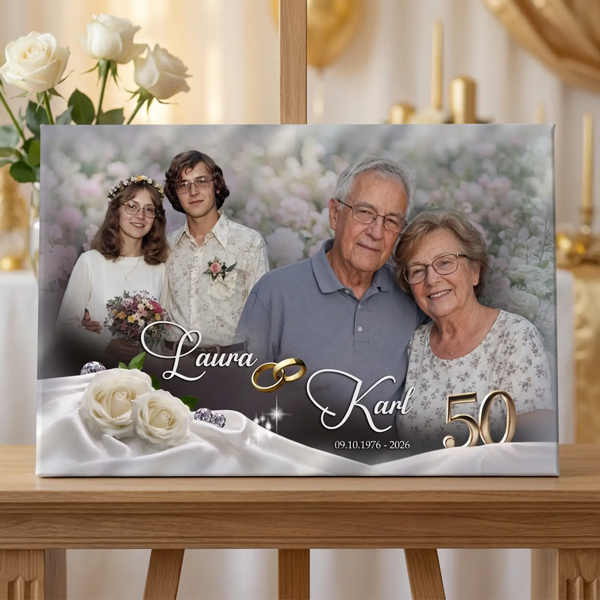 Personalisierte Leinwand zum 50. Hochzeitstag mit Fotos von der Hochzeit und dem aktuellen Paar Laura und Karl. Sehr persönlich zur Goldenen Hochzeit der Eltern oder Großeltern.