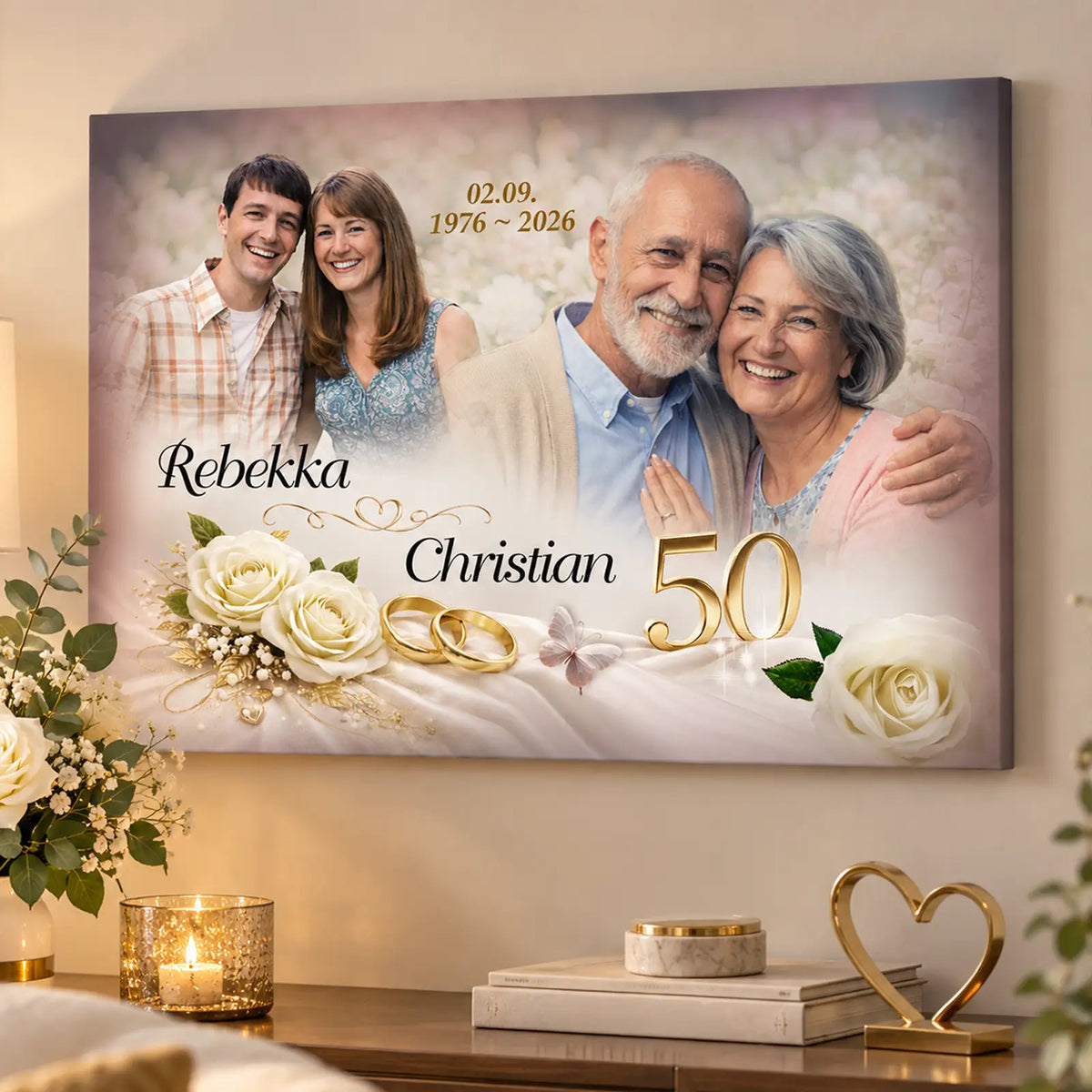 Personalisierte Leinwand als Premium Geschenk zur Goldenen Hochzeit. Hochwertige Bildkomposition von damals und heute. Mit Hochzeitsdatum und Namen des Paares.
