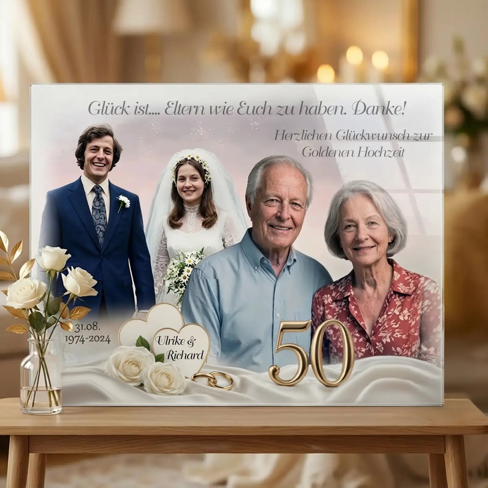 Geschenk zur Goldenen Hochzeit - personalisiertes Acrylglasbild mit Foto zum 50. Hochzeitstag. Fotos von damals und heute und Namen, Datum, Spruch und Widmung.