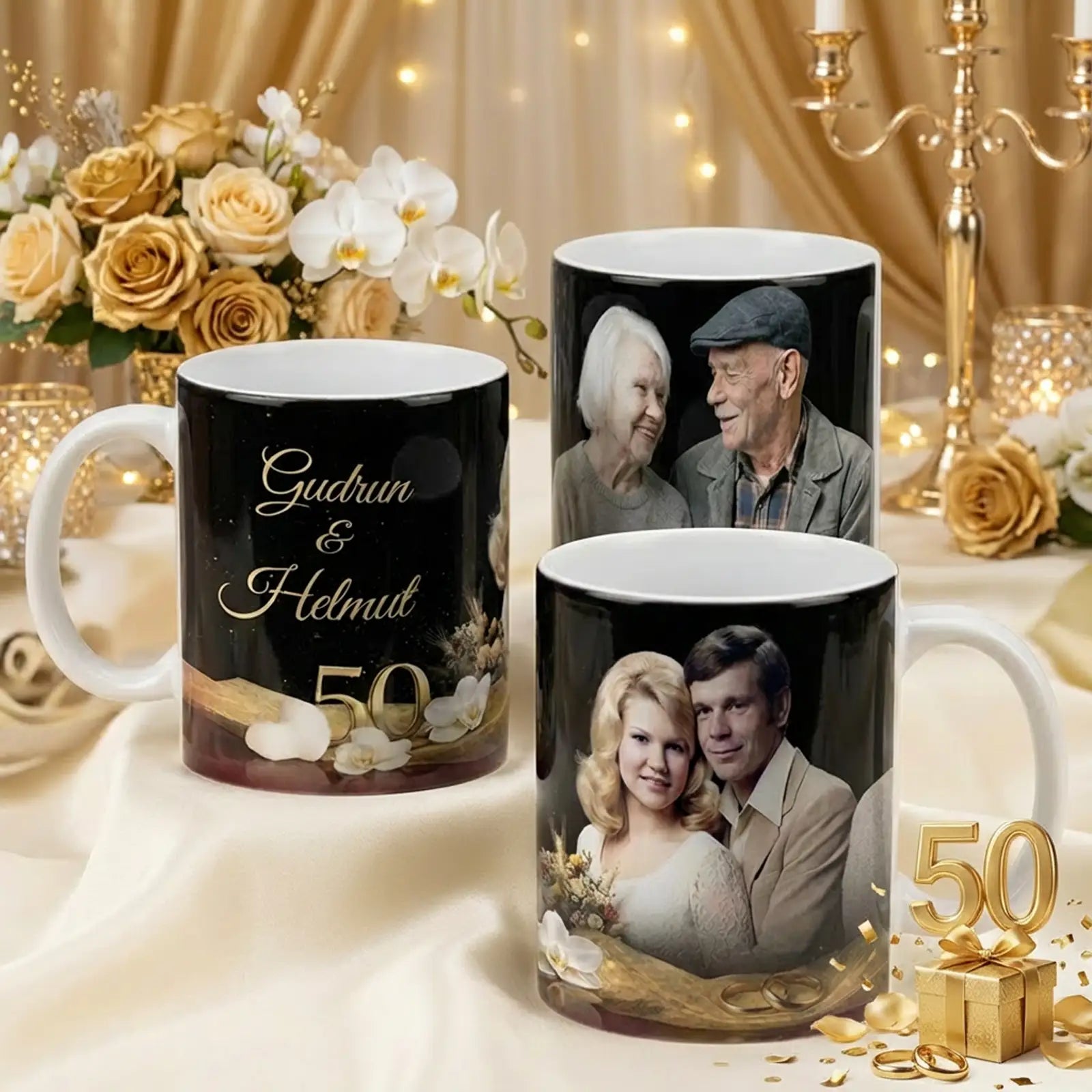 Geschenk zur Goldenen Hochzeit: originelle Tasse mit personalisiertem Foto von Gudrun und Helmut. Zum 50. Hochzeitstag.
