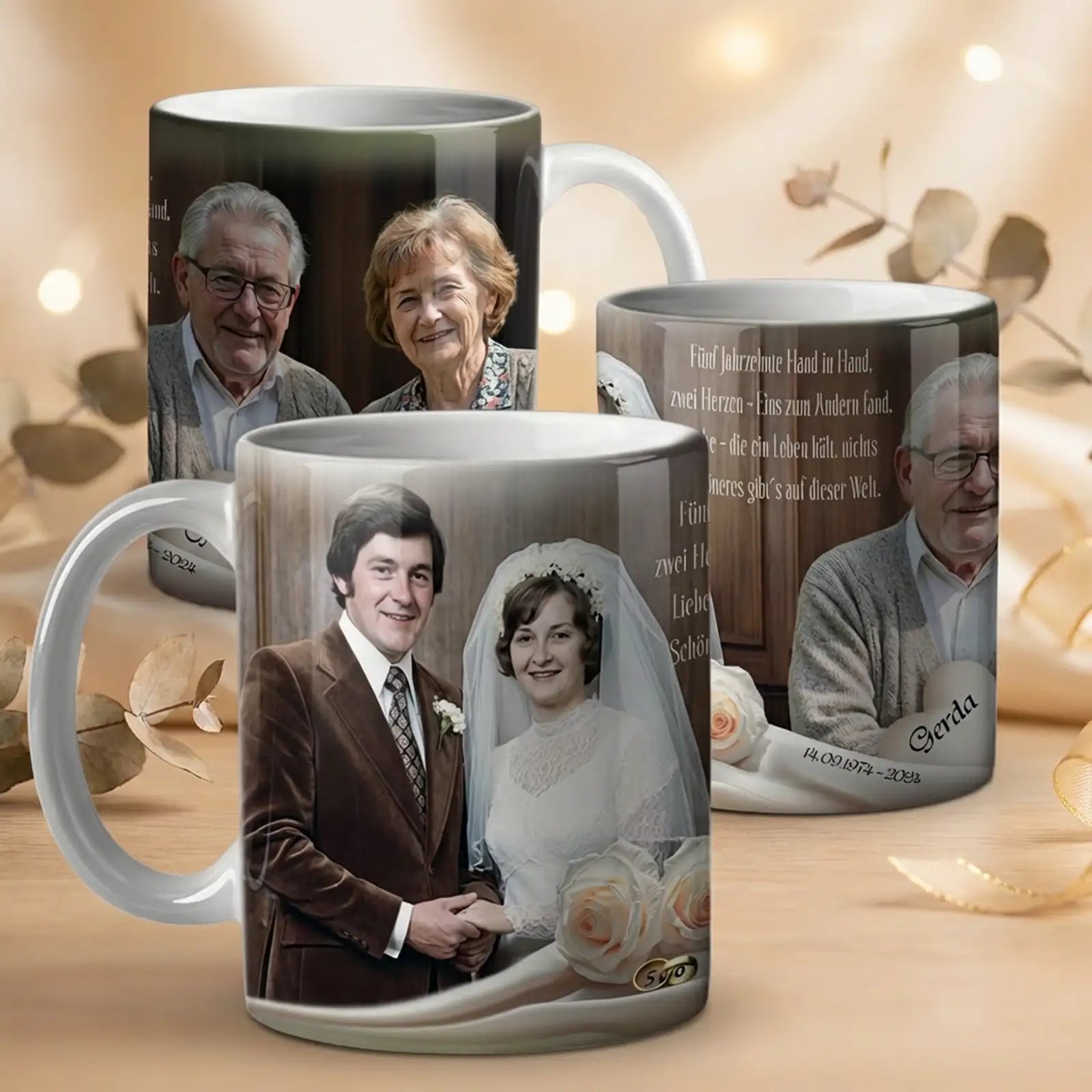 Geschenk: Personalisierte Tasse mit Fotos von einem Paar und Erinnerungen für jeden Anlass. Zum 50. Hochzeitstag.