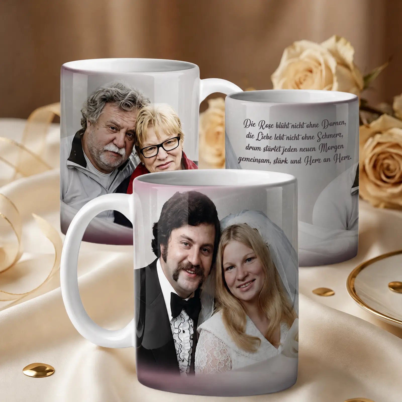 Geschenk zur Goldenen Hochzeit: originelle Tasse mit persönlichen Fotos und Datumsangabe für besondere Erinnerungen. Zum 50. Hochzeitstag.