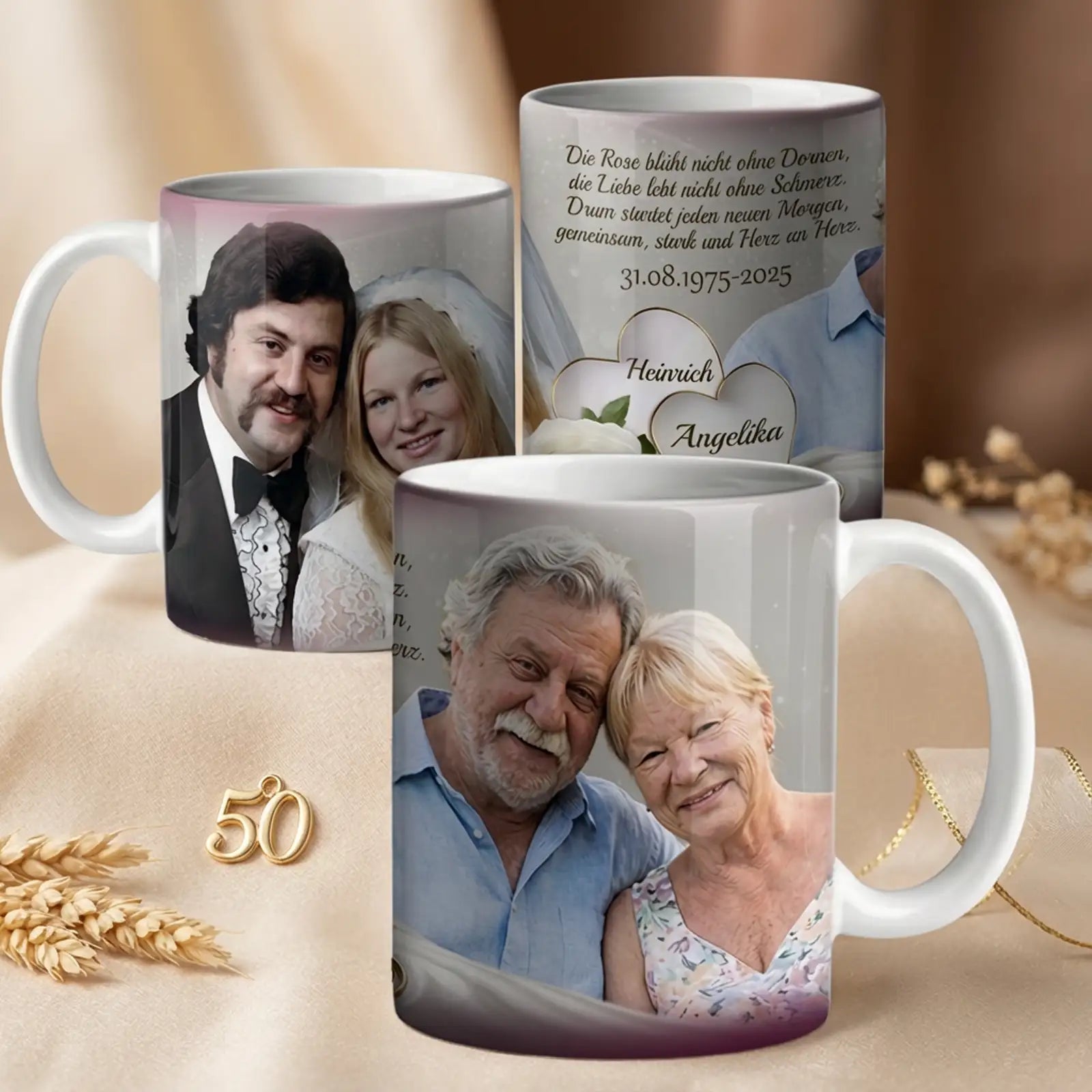 Goldene Hochzeit Tasse mit Paarbildern – Geschenkidee für Eltern oder Großeltern. Zum 50. Hochzeitstag.